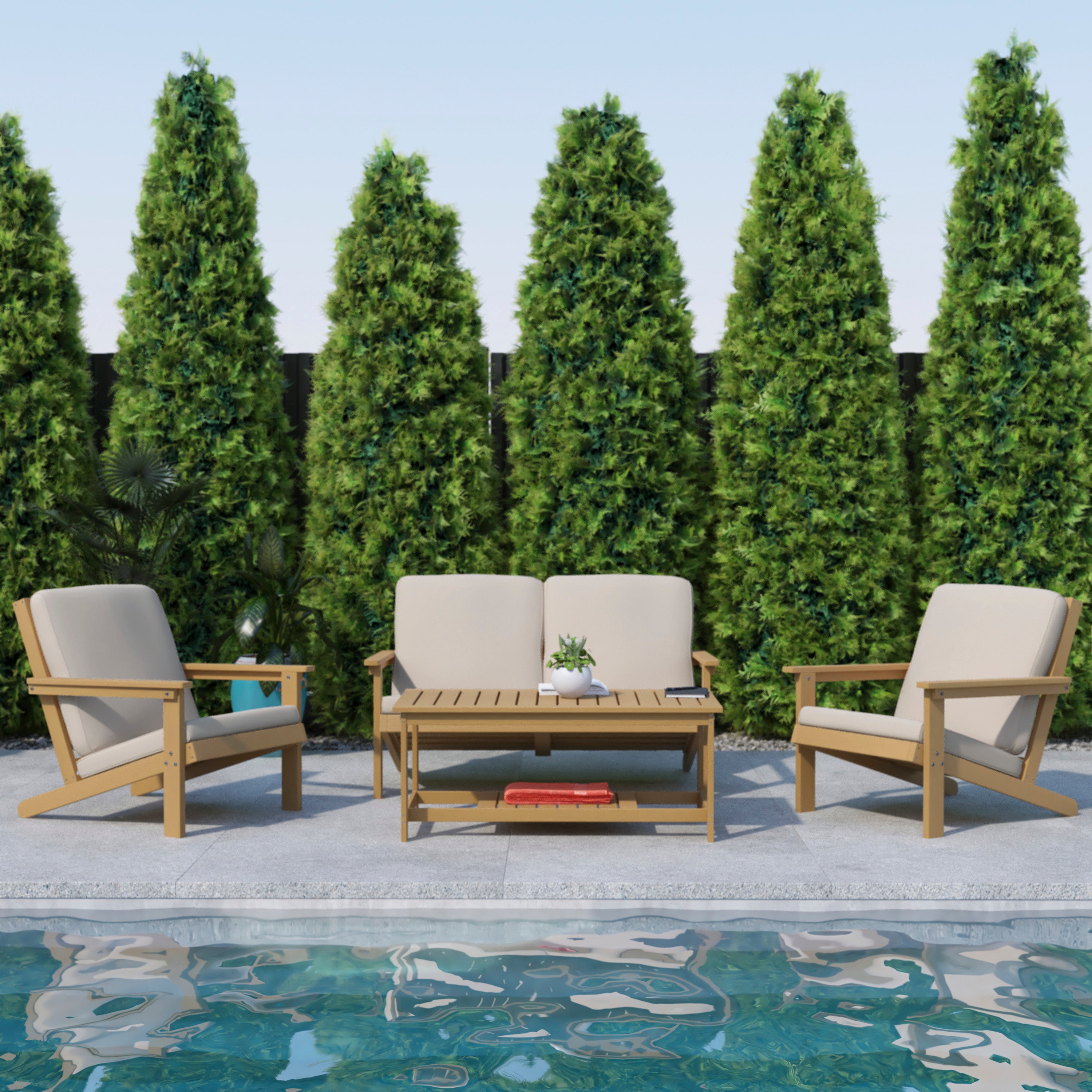 Charlestown All-Weather Poly Resin Wood Adirondack Style Deep Seat Patio Loveseat with Cushions, Natural Cedar/Cream
