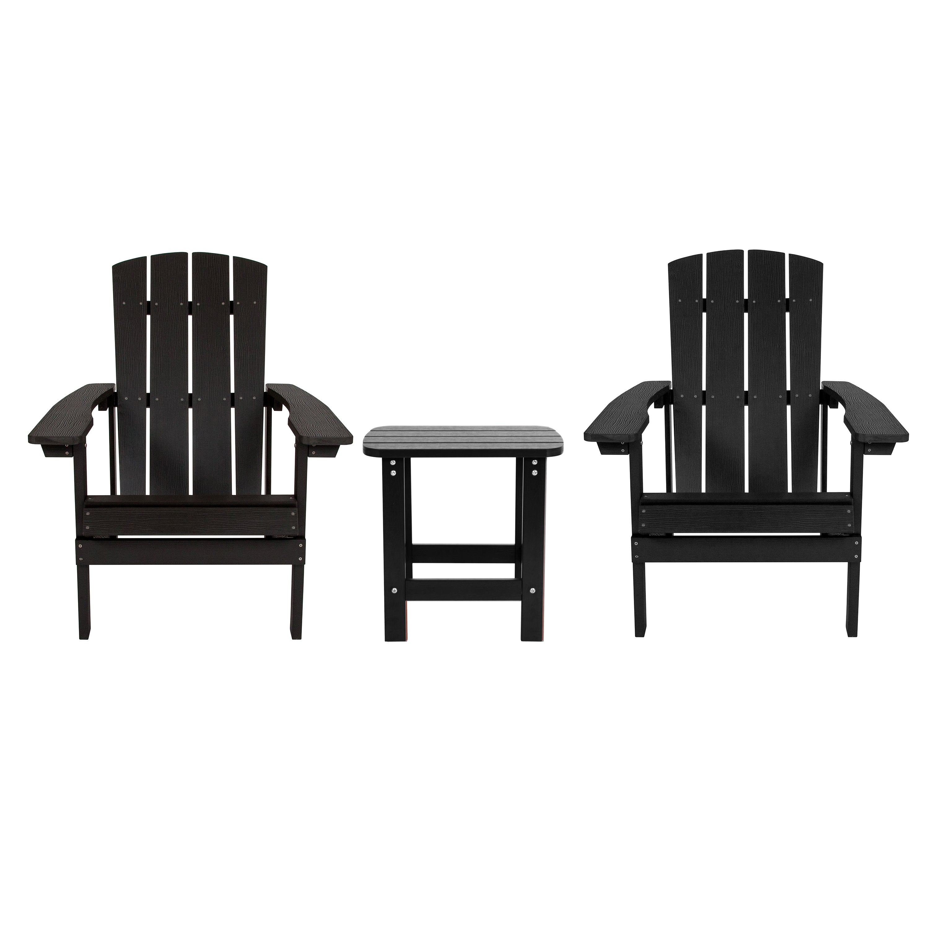 2 Pack Charlestown Commercial All-Weather Poly Resin Wood Adirondack Chairs with Side Table in Black