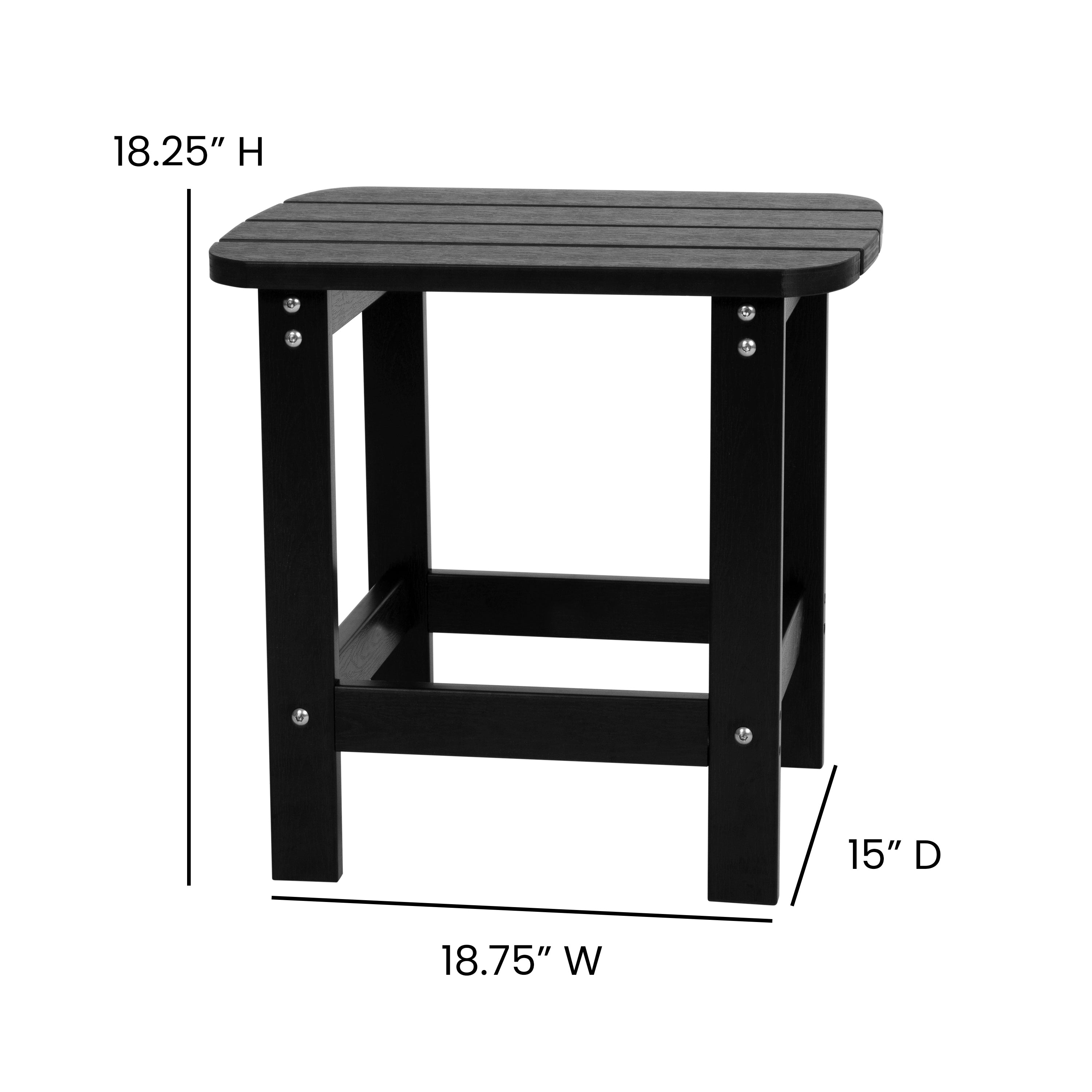 2 Pack Charlestown Commercial All-Weather Poly Resin Wood Adirondack Chairs with Side Table in Black