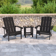 2 Pack Charlestown Commercial All-Weather Poly Resin Wood Adirondack Chairs with Side Table in Black