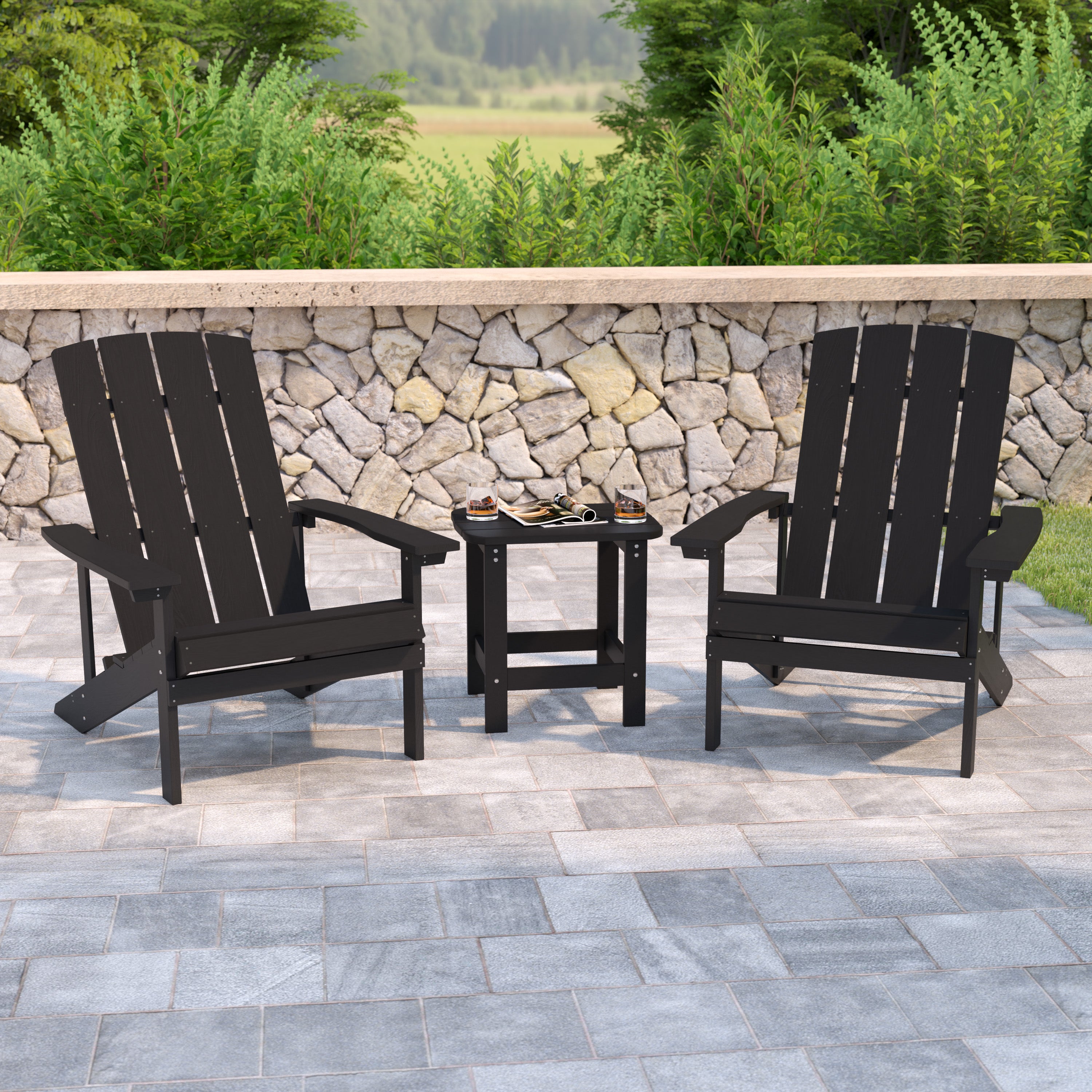 2 Pack Charlestown Commercial All-Weather Poly Resin Wood Adirondack Chairs with Side Table in Black