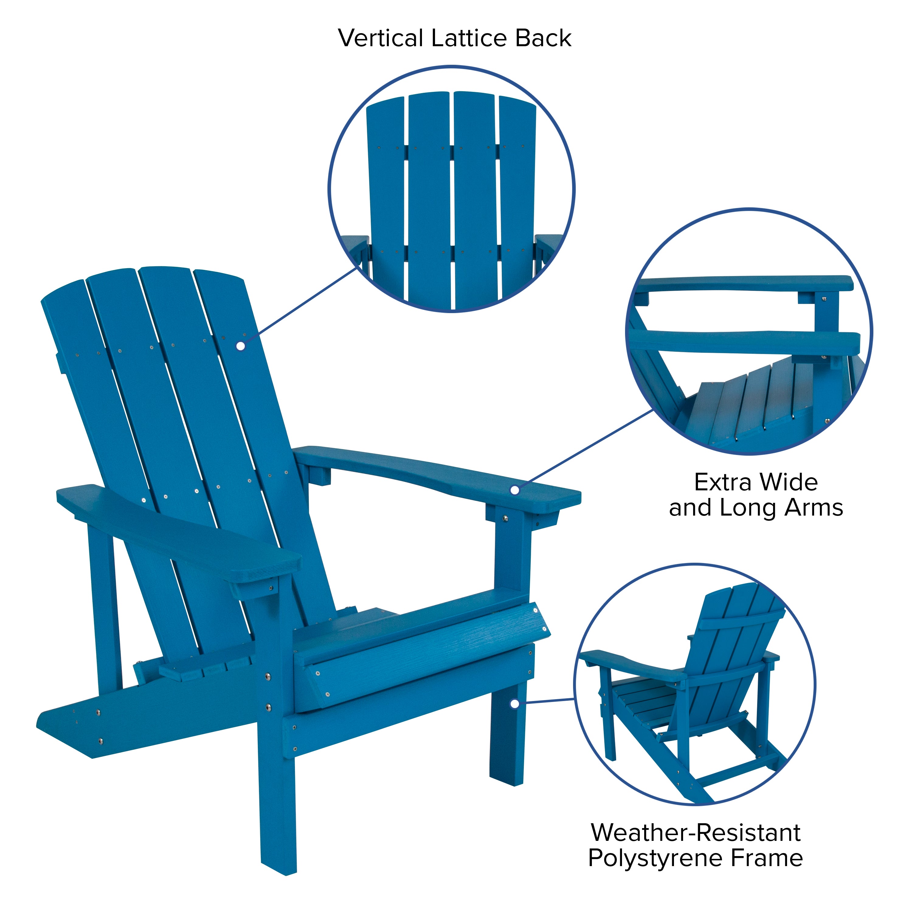 2 Pack Charlestown Commercial All-Weather Poly Resin Wood Adirondack Chairs with Side Table in Blue