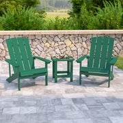 2 Pack Charlestown Commercial All-Weather Poly Resin Wood Adirondack Chairs with Side Table in Green
