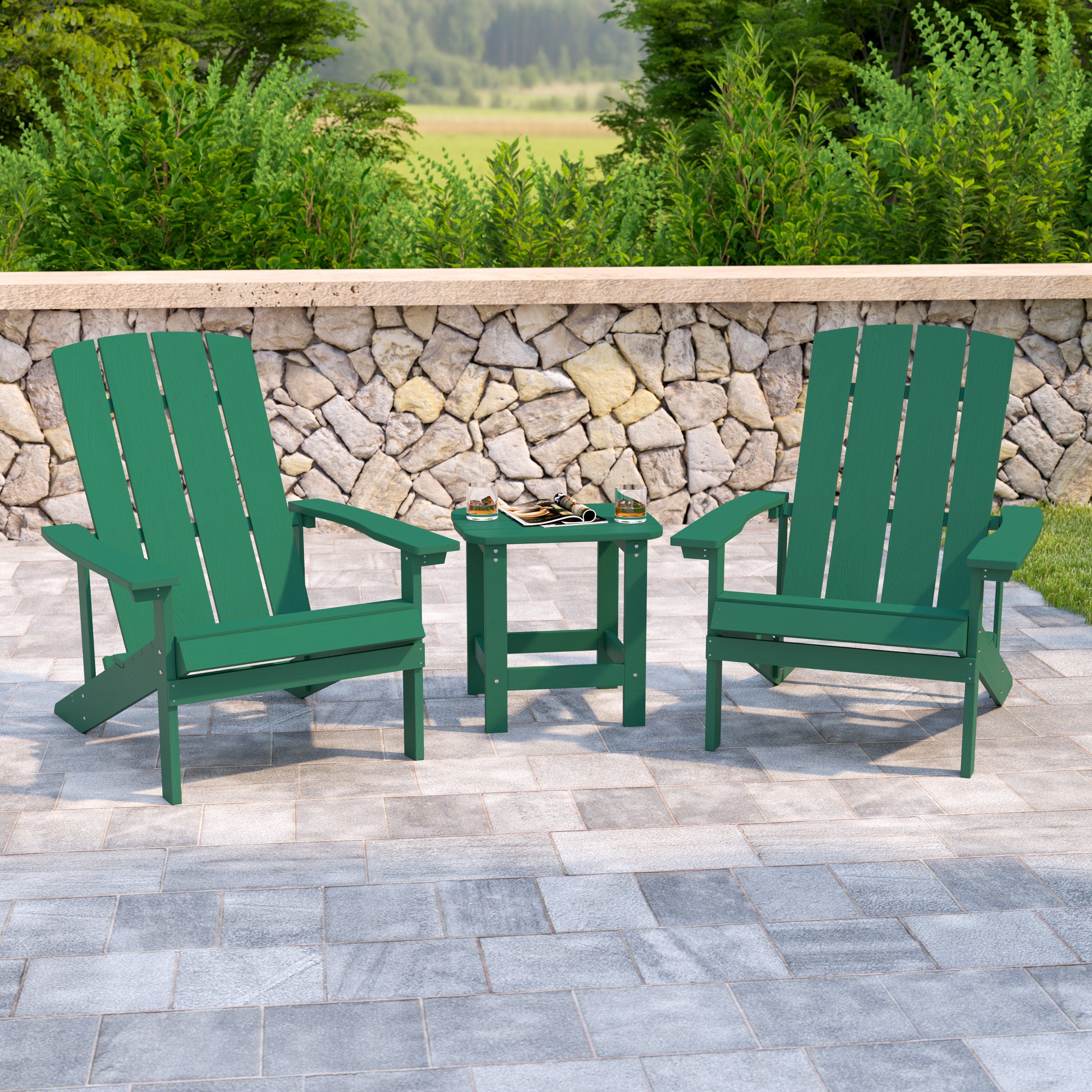 2 Pack Charlestown Commercial All-Weather Poly Resin Wood Adirondack Chairs with Side Table in Green