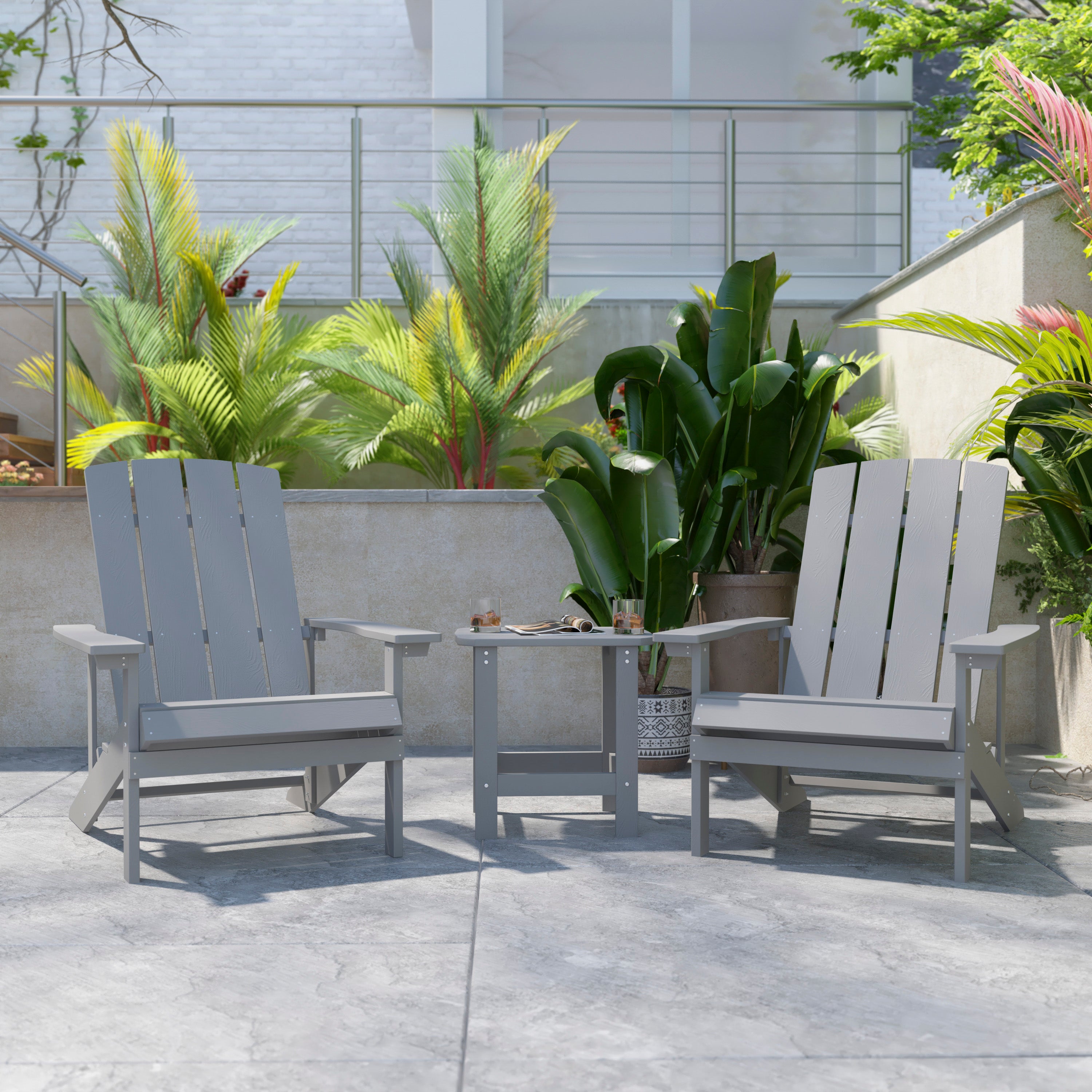 2 Pack Charlestown Commercial All-Weather Poly Resin Wood Adirondack Chairs with Side Table in Gray