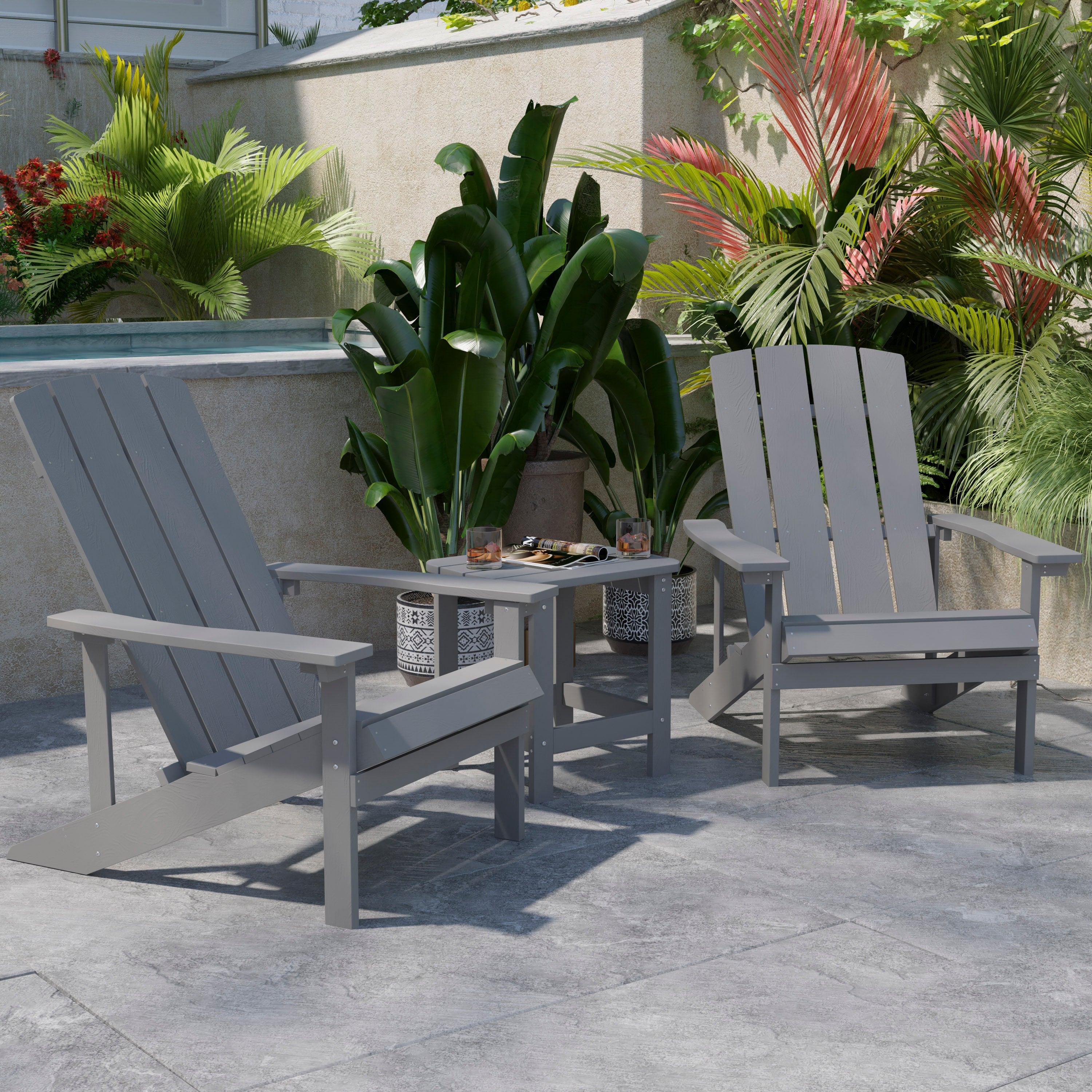 2 Pack Charlestown Commercial All-Weather Poly Resin Wood Adirondack Chairs with Side Table in Gray