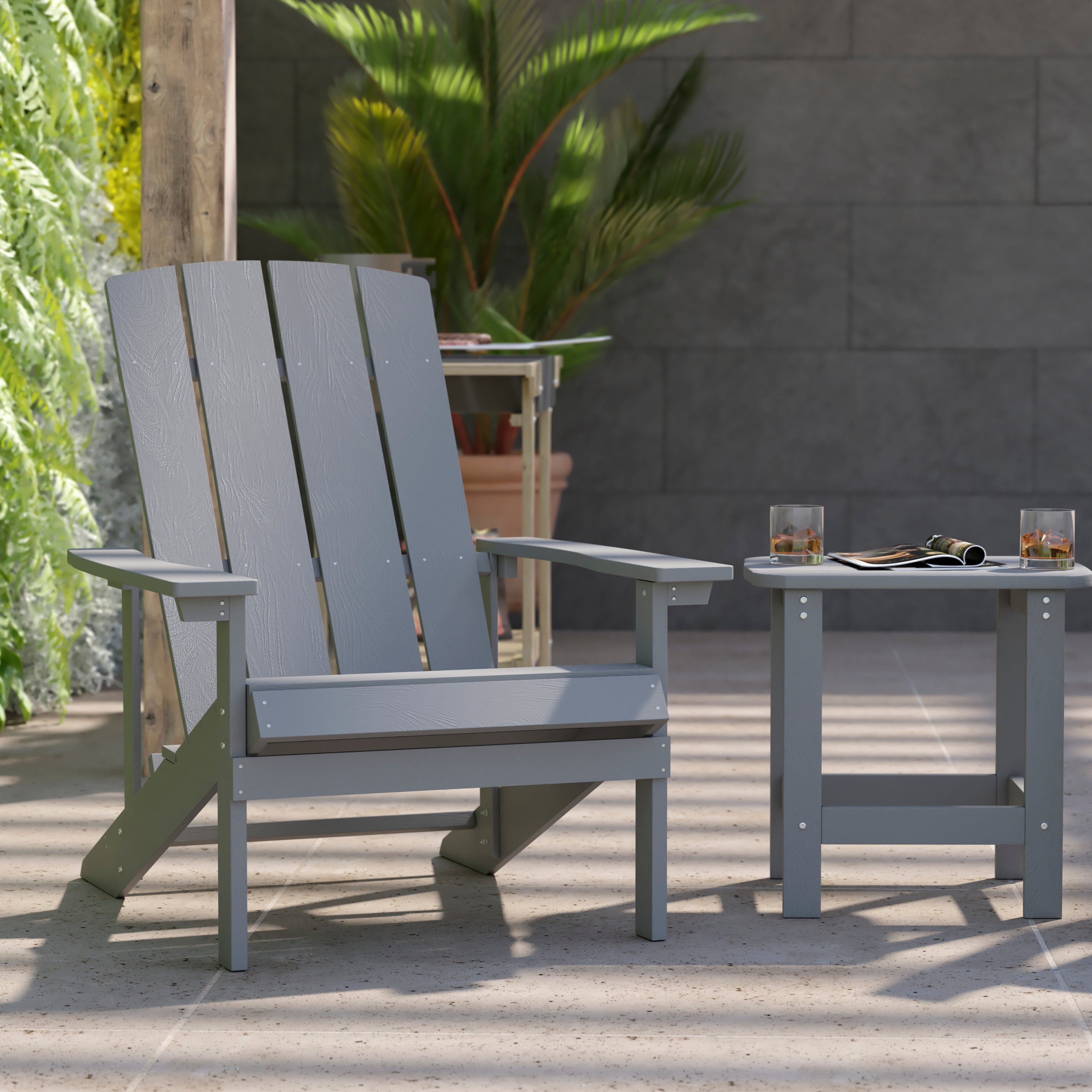 2 Pack Charlestown Commercial All-Weather Poly Resin Wood Adirondack Chairs with Side Table in Gray