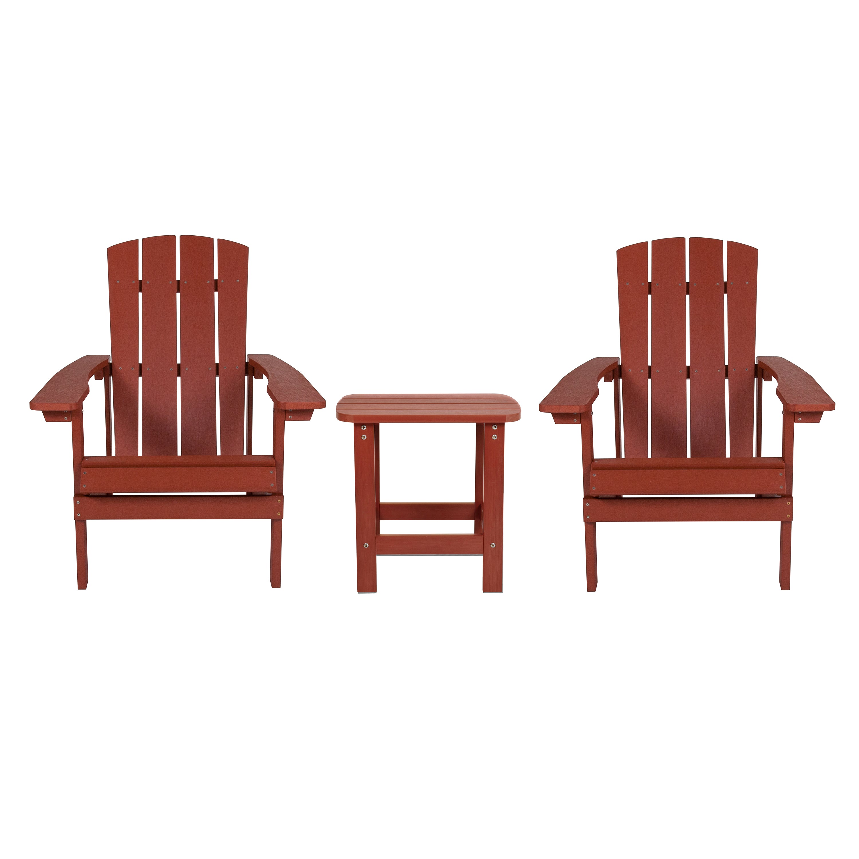 2 Pack Charlestown Commercial All-Weather Poly Resin Wood Adirondack Chairs with Side Table in Red