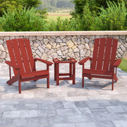 2 Pack Charlestown Commercial All-Weather Poly Resin Wood Adirondack Chairs with Side Table in Red