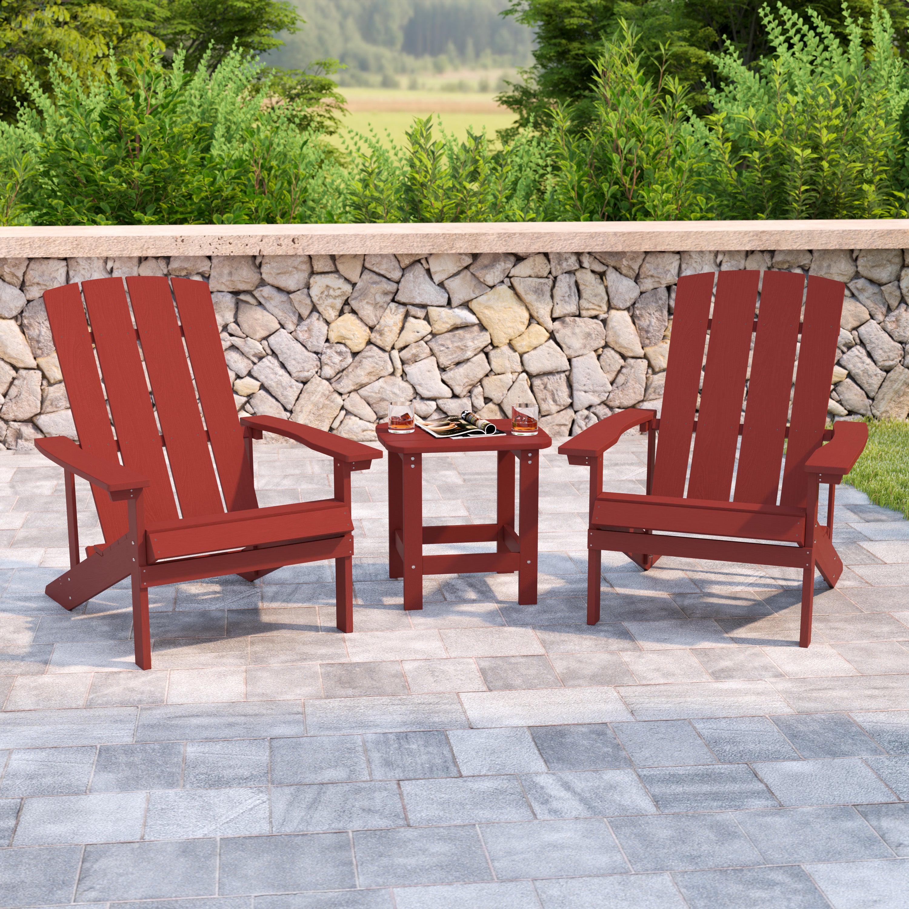 2 Pack Charlestown Commercial All-Weather Poly Resin Wood Adirondack Chairs with Side Table in Red