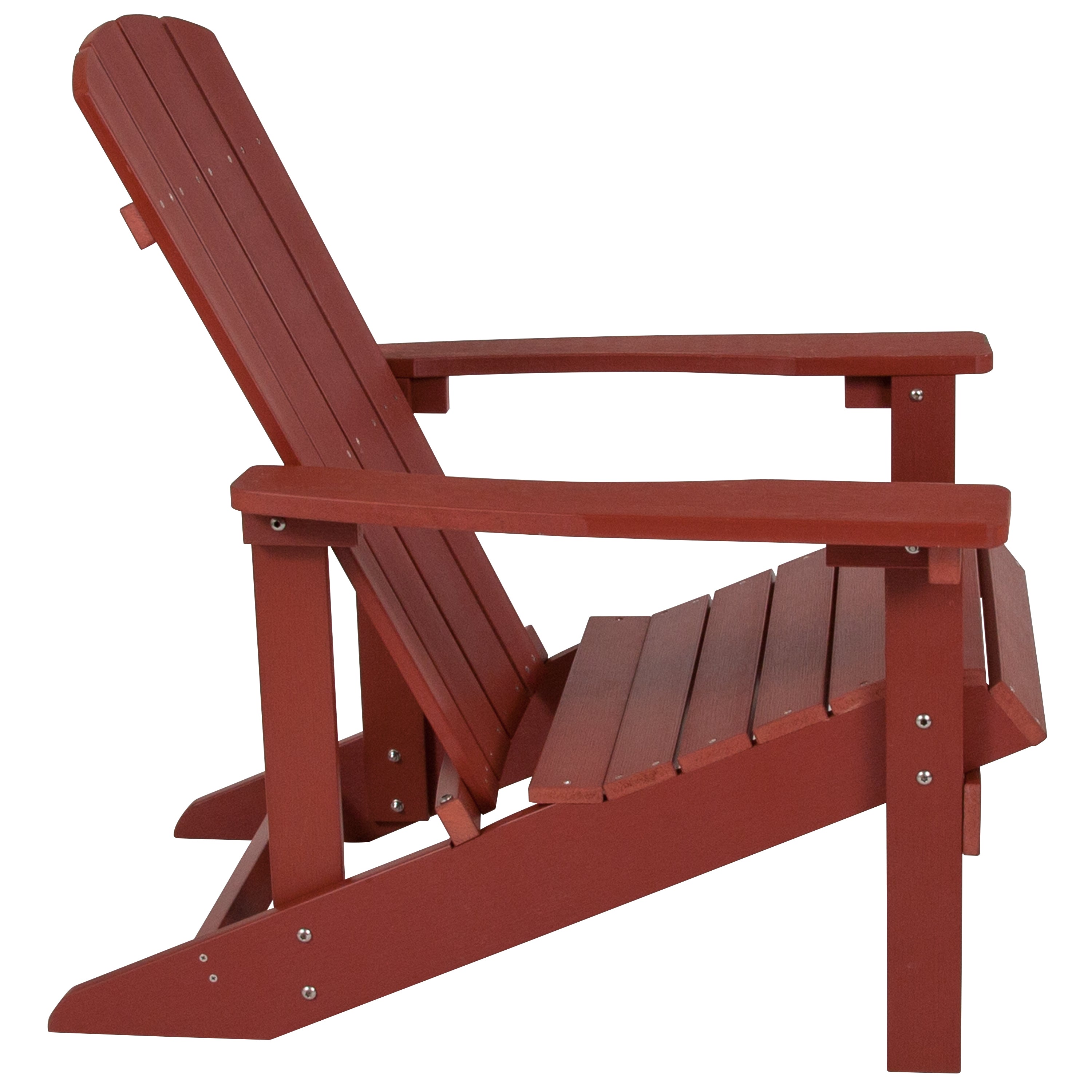 2 Pack Charlestown Commercial All-Weather Poly Resin Wood Adirondack Chairs with Side Table in Red