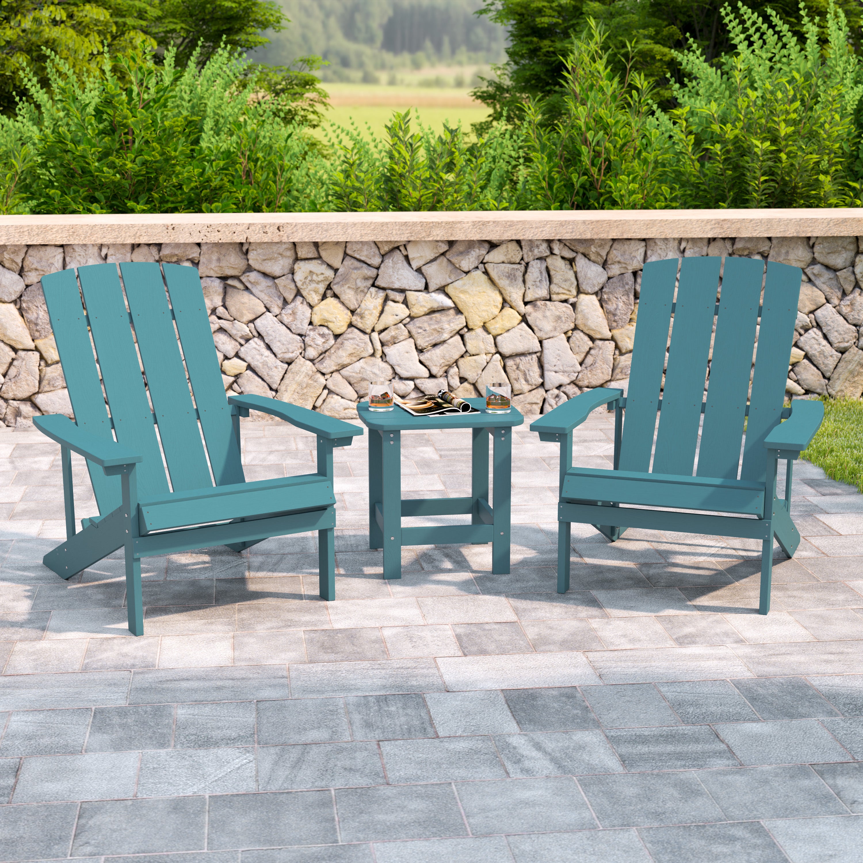 2 Pack Charlestown Commercial All-Weather Poly Resin Wood Adirondack Chairs with Side Table in Sea Foam