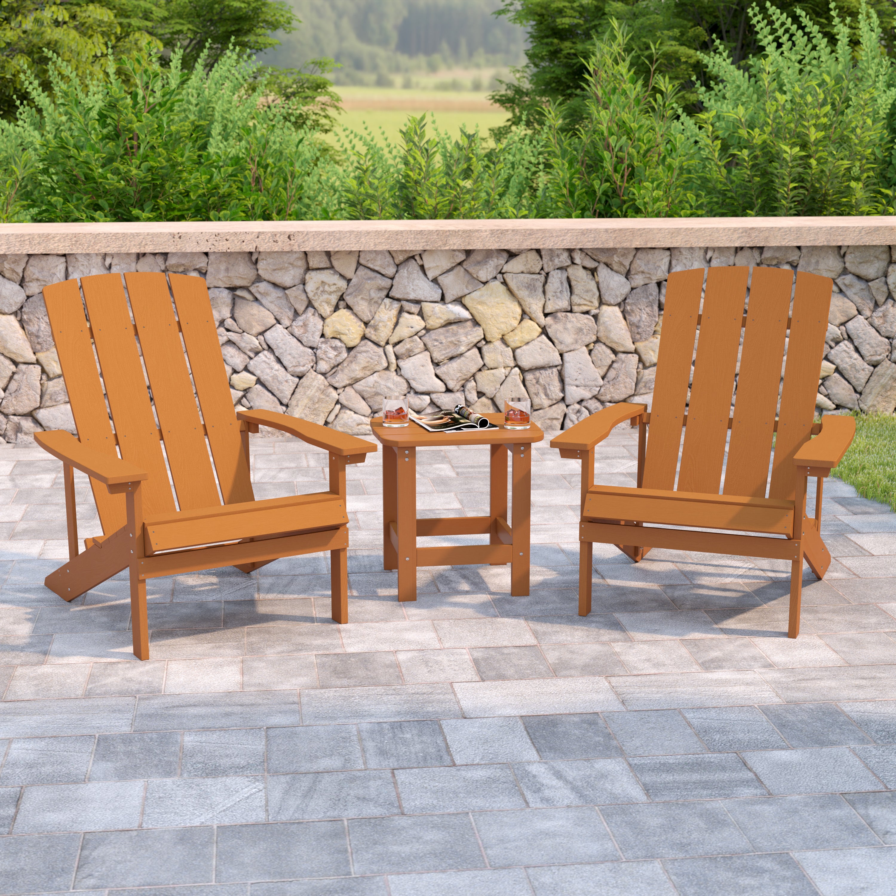 2 Pack Charlestown Commercial All-Weather Poly Resin Wood Adirondack Chairs with Side Table in Teak