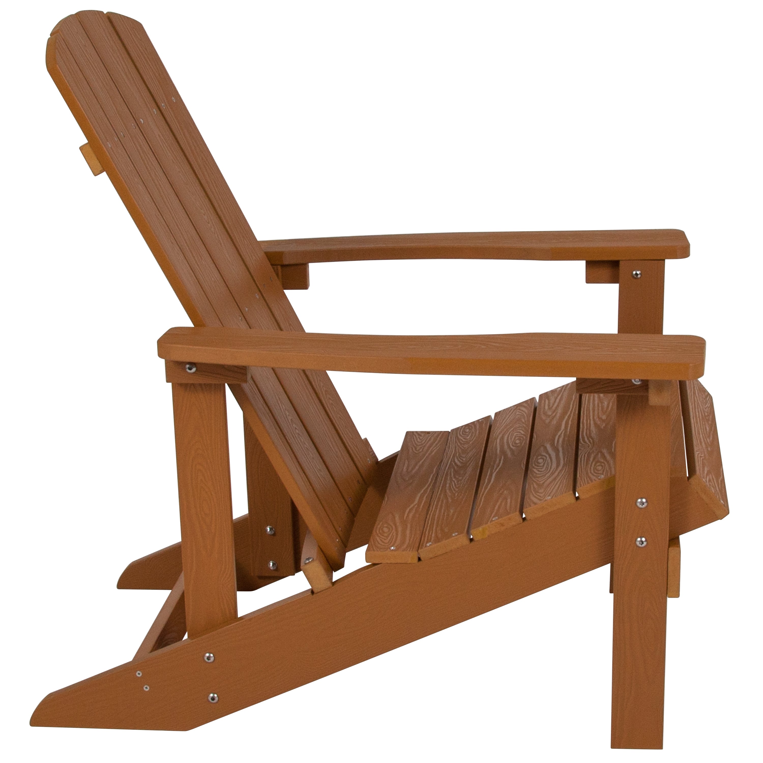 2 Pack Charlestown Commercial All-Weather Poly Resin Wood Adirondack Chairs with Side Table in Teak