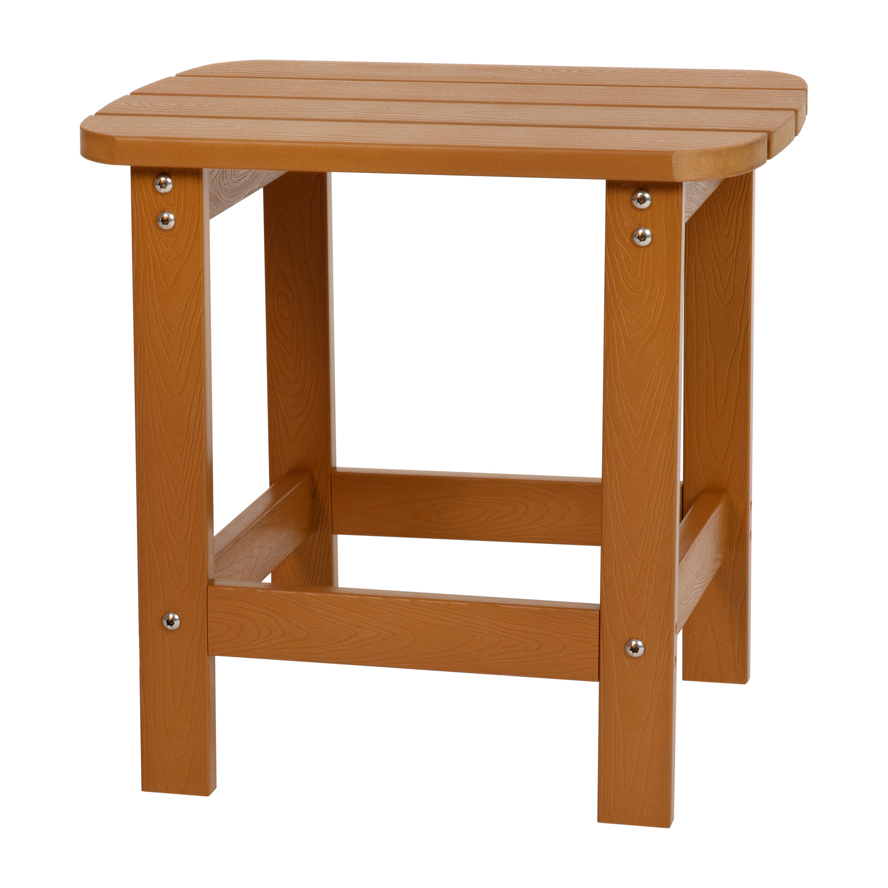 2 Pack Charlestown Commercial All-Weather Poly Resin Wood Adirondack Chairs with Side Table in Teak