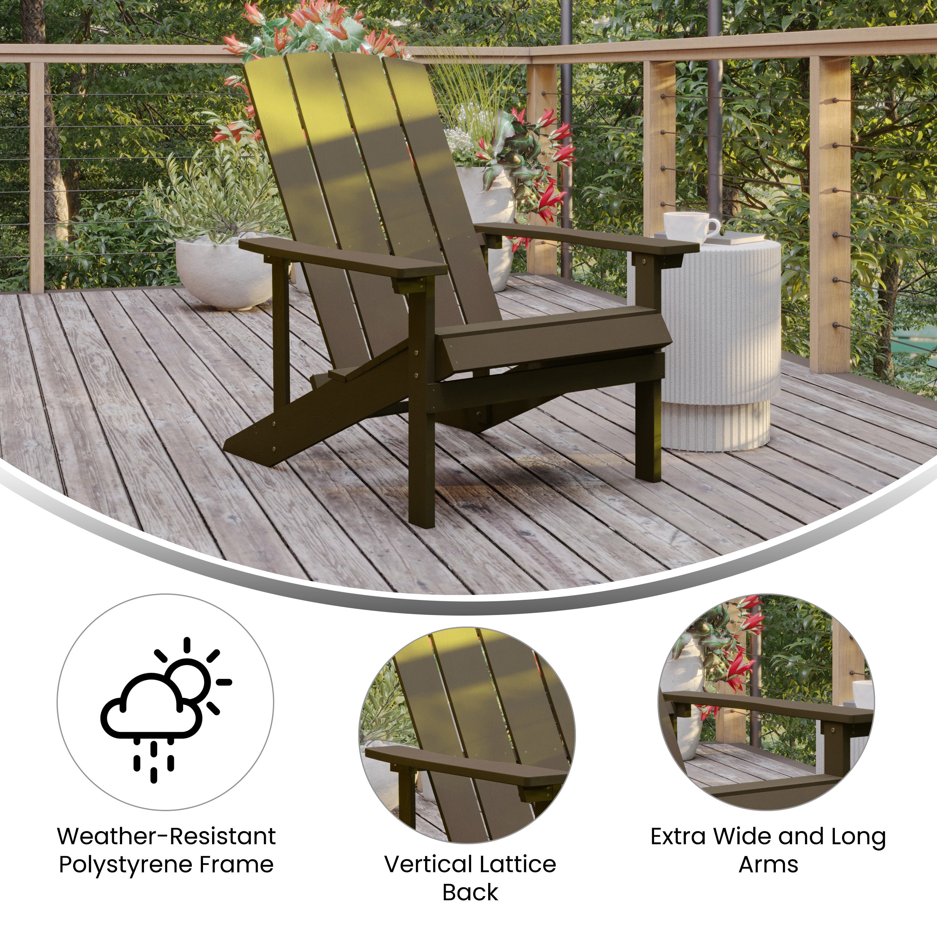 Charlestown Commercial Grade Indoor/Outdoor Adirondack Chair, Weather Resistant Durable Poly Resin Deck and Patio Seating, Mahogany