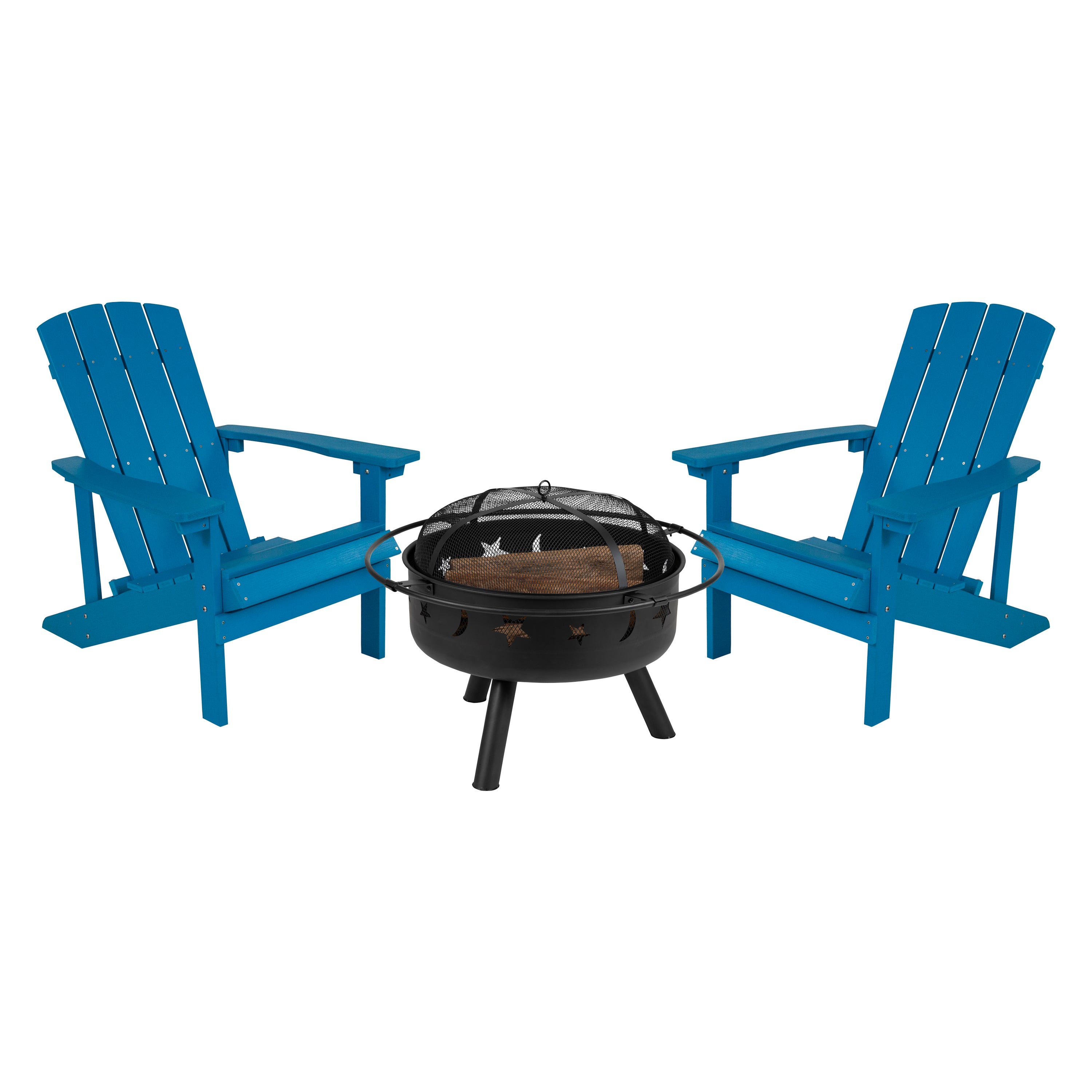 3 Piece Charlestown Commercial Blue Commercial Poly Resin Wood Adirondack Chair Set with Fire Pit - Star and Moon Fire Pit with Mesh Cover