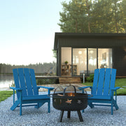 3 Piece Charlestown Commercial Blue Commercial Poly Resin Wood Adirondack Chair Set with Fire Pit - Star and Moon Fire Pit with Mesh Cover