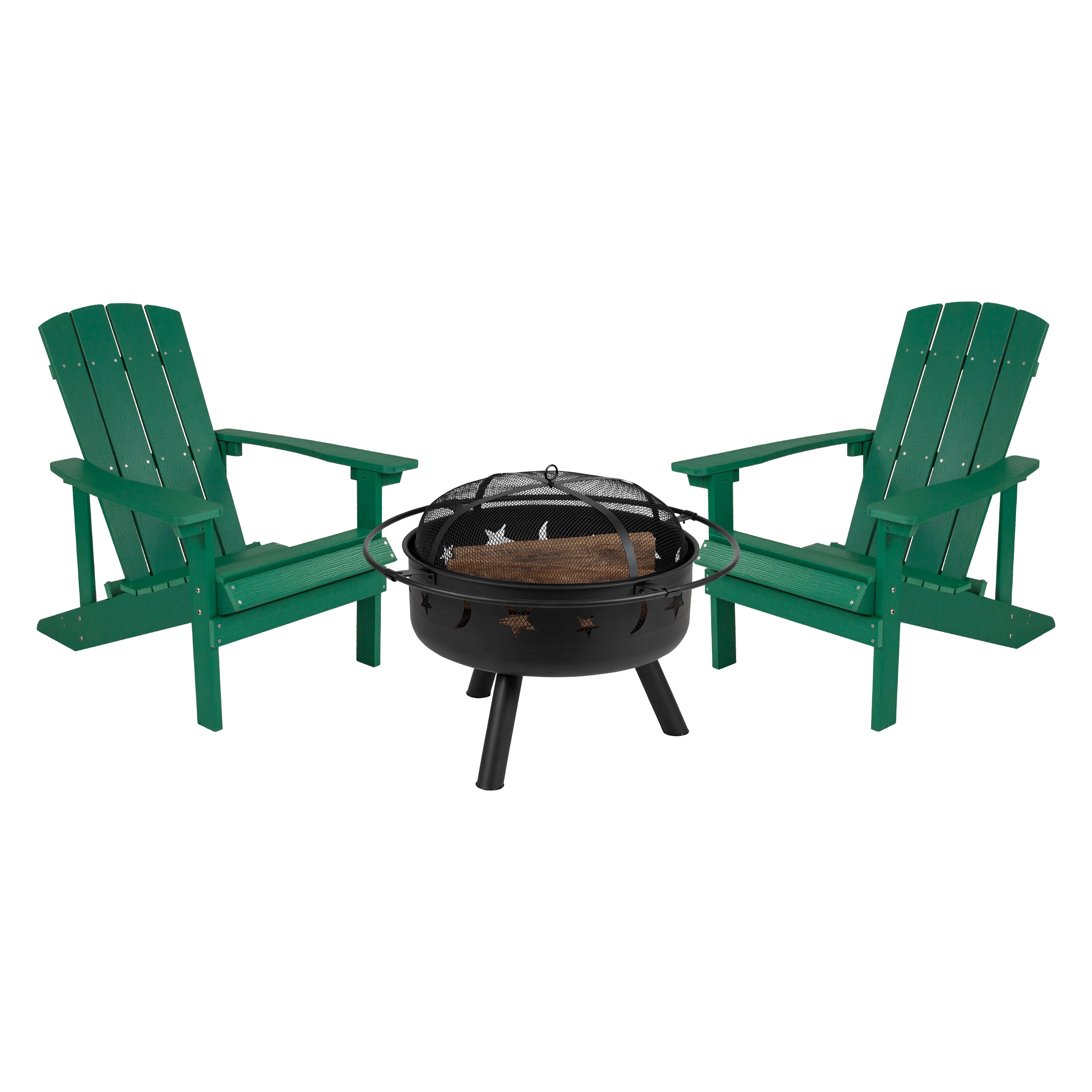 3 Piece Charlestown Commercial Green Poly Resin Wood Adirondack Chair Set with Fire Pit - Star and Moon Fire Pit with Mesh Cover