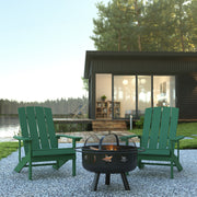 3 Piece Charlestown Commercial Green Poly Resin Wood Adirondack Chair Set with Fire Pit - Star and Moon Fire Pit with Mesh Cover
