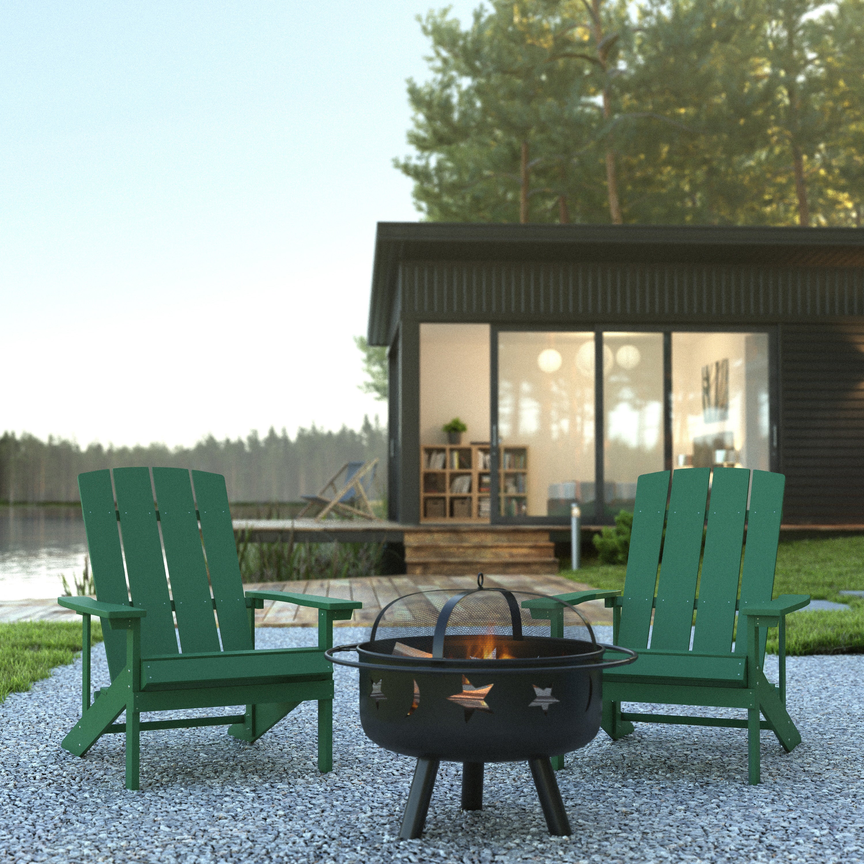 3 Piece Charlestown Commercial Green Poly Resin Wood Adirondack Chair Set with Fire Pit - Star and Moon Fire Pit with Mesh Cover
