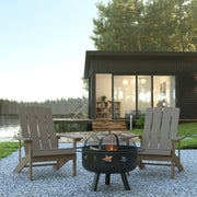 3 Piece Charlestown Commercial Gray Poly Resin Wood Adirondack Chair Set with Fire Pit - Star and Moon Fire Pit with Mesh Cover