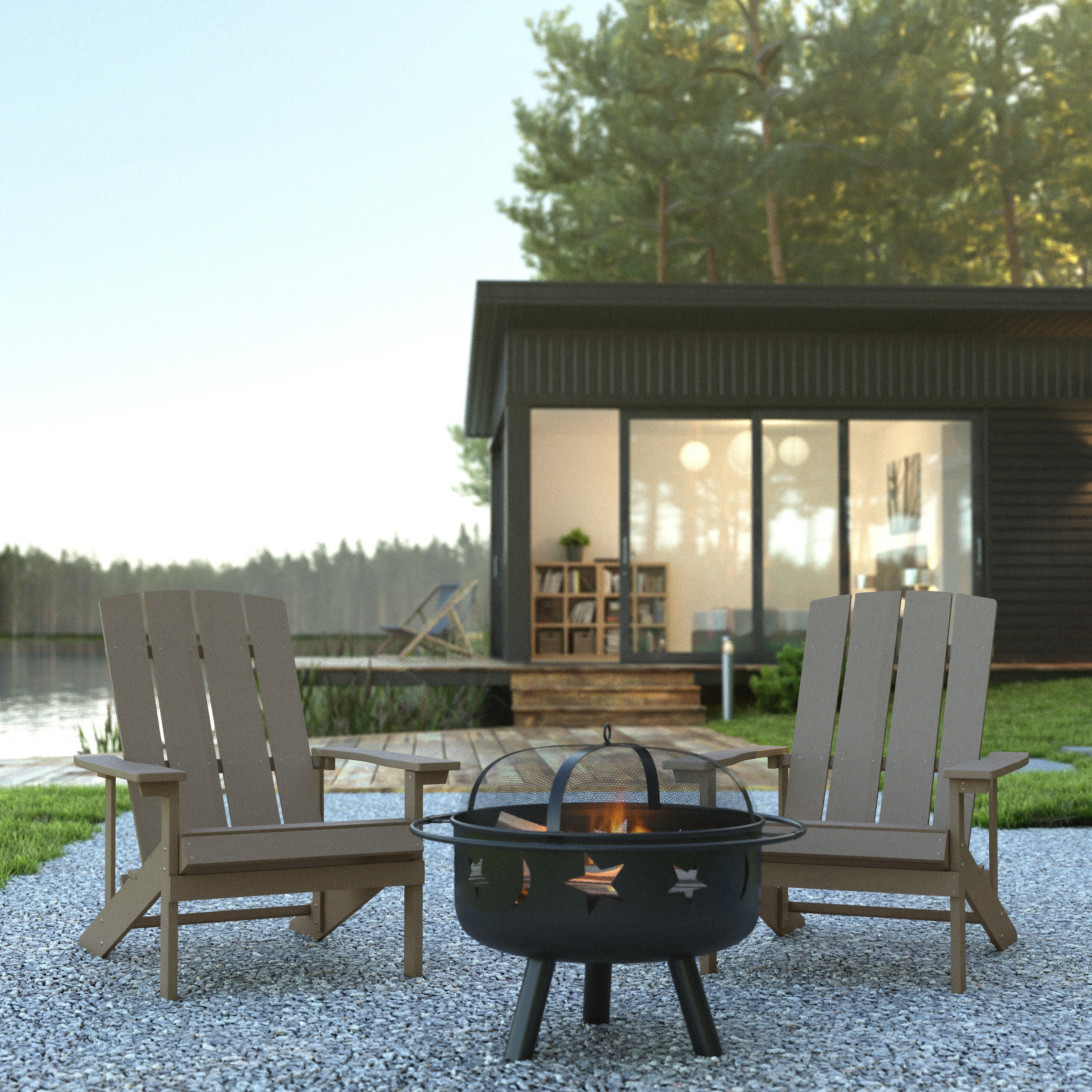 3 Piece Charlestown Commercial Gray Poly Resin Wood Adirondack Chair Set with Fire Pit - Star and Moon Fire Pit with Mesh Cover