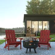 3 Piece Charlestown Red Commercial Poly Resin Wood Adirondack Chair Set with Fire Pit - Star and Moon Fire Pit with Mesh Cover