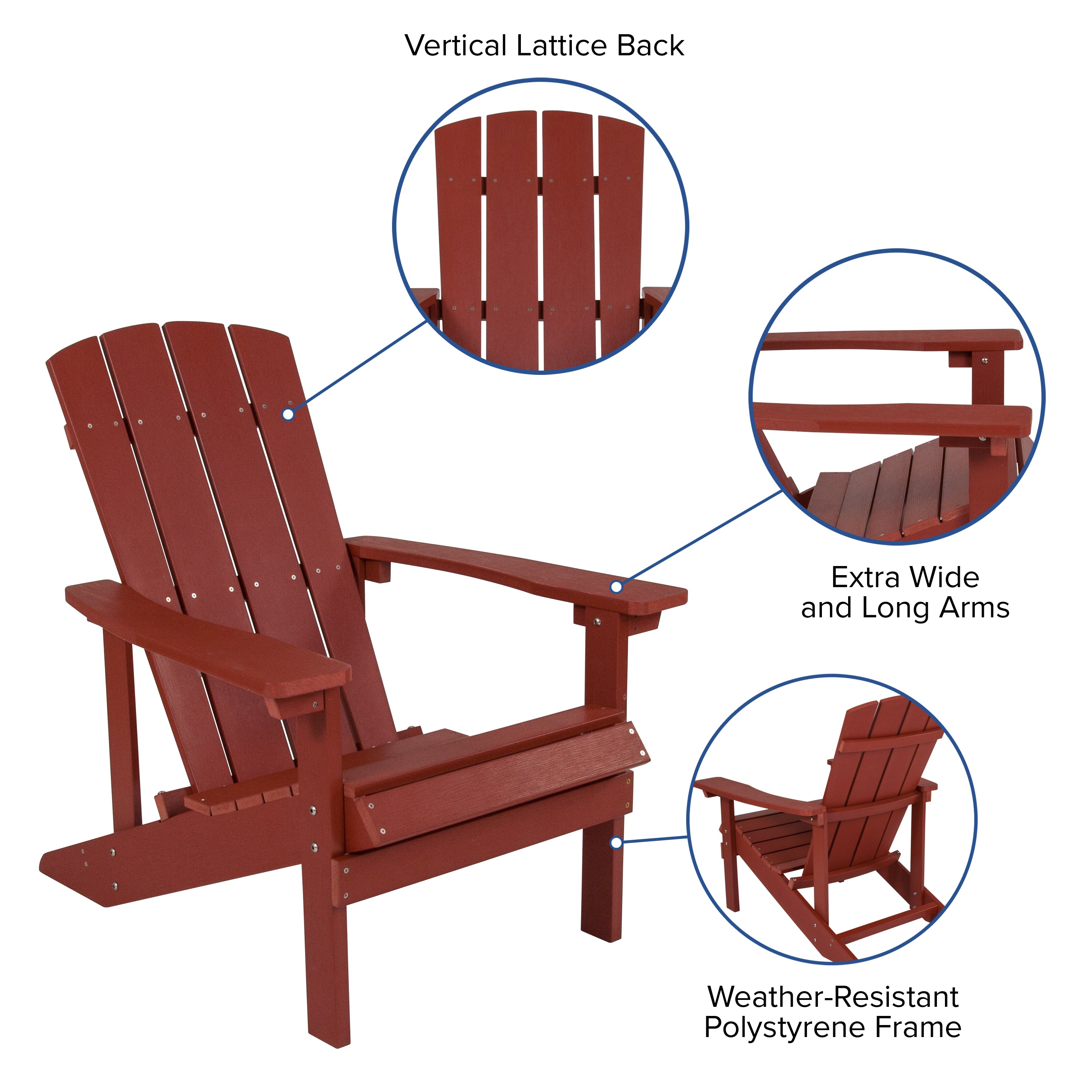 3 Piece Charlestown Red Commercial Poly Resin Wood Adirondack Chair Set with Fire Pit - Star and Moon Fire Pit with Mesh Cover