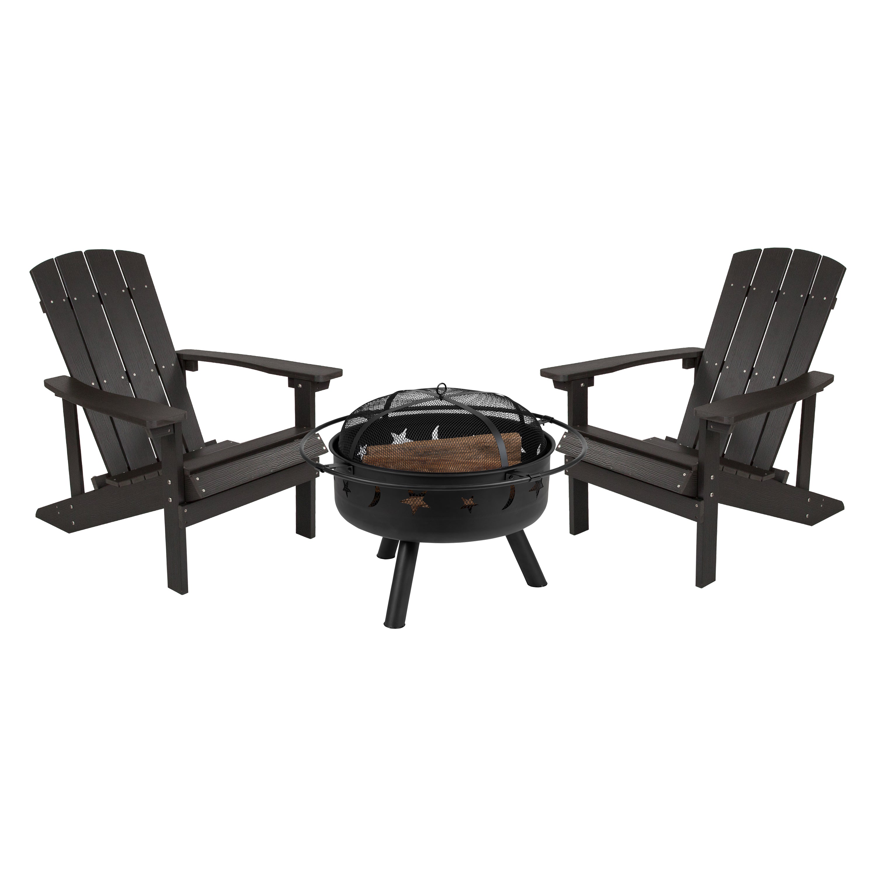 3 Piece Charlestown Commercial Slate Gray Commercial Poly Resin Wood Adirondack Chair Set with Fire Pit - Star and Moon Fire Pit with Mesh Cover