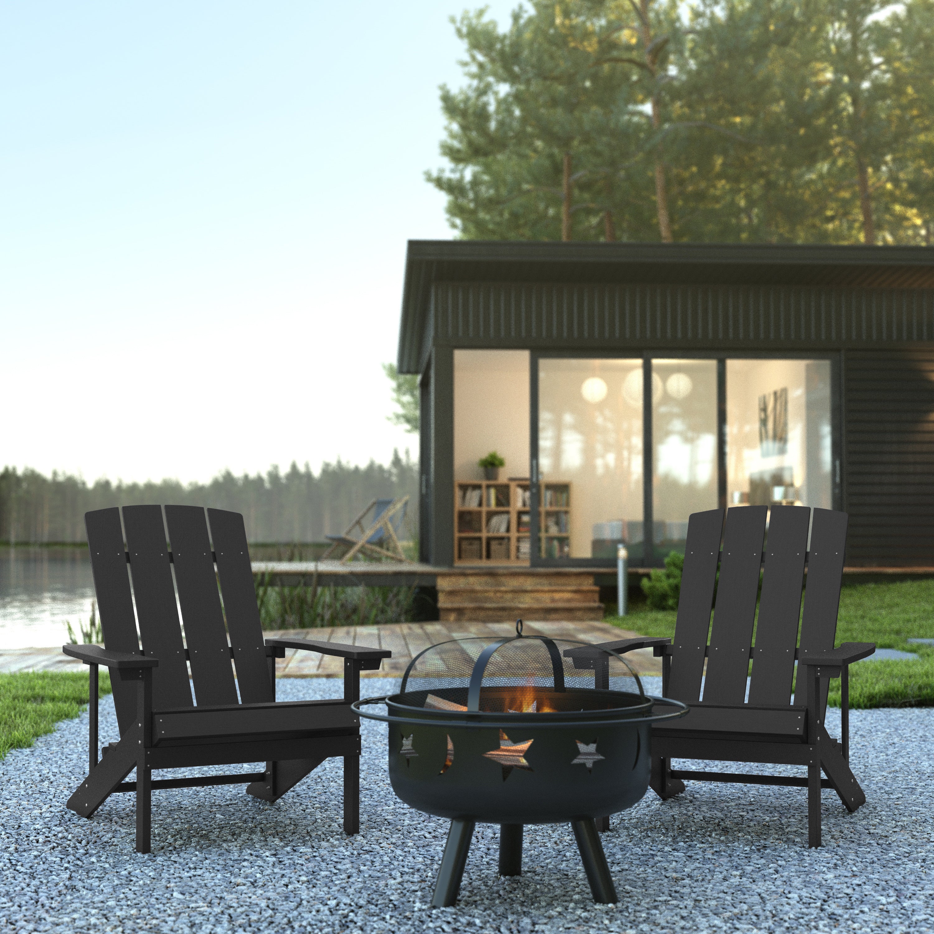 3 Piece Charlestown Commercial Slate Gray Commercial Poly Resin Wood Adirondack Chair Set with Fire Pit - Star and Moon Fire Pit with Mesh Cover