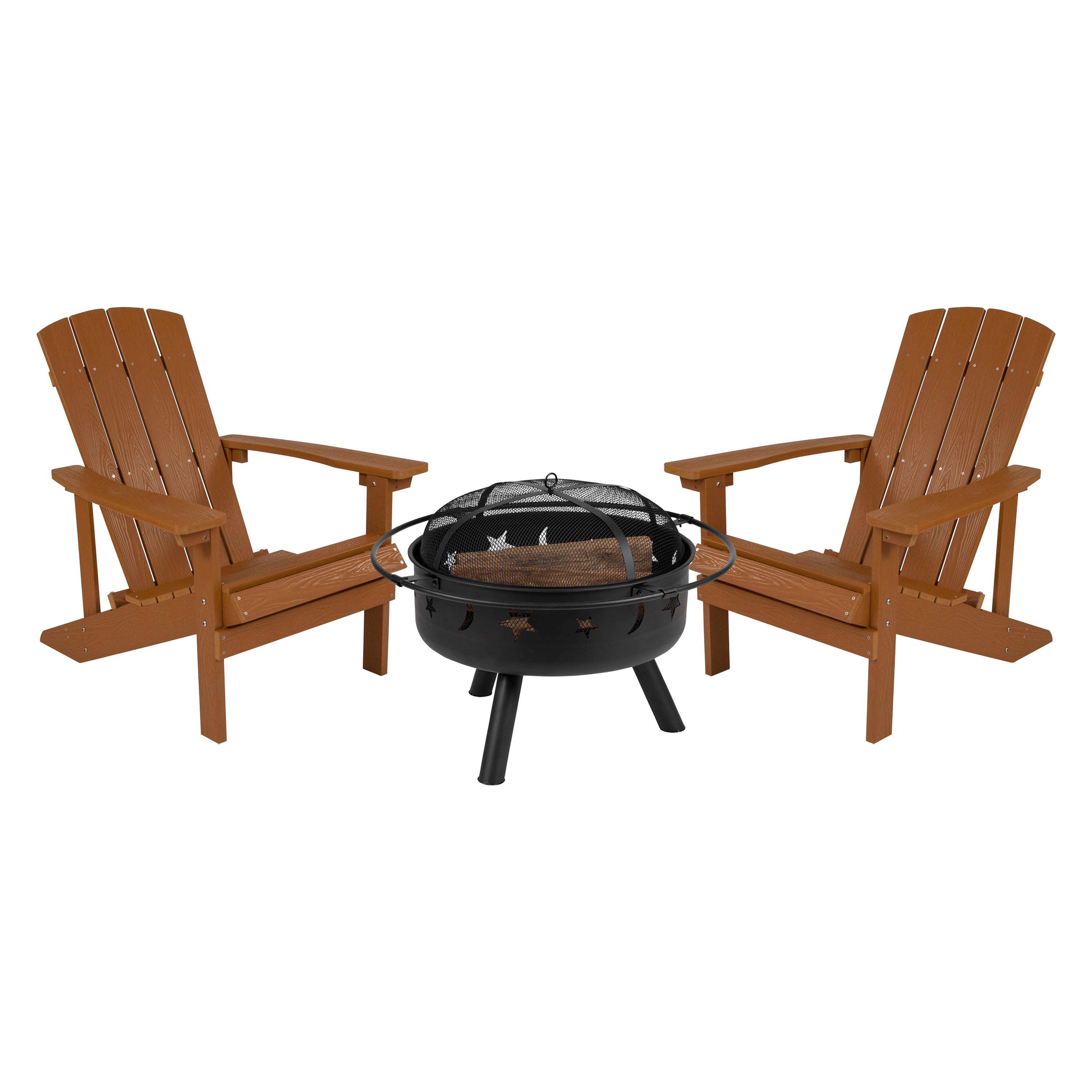 3 Piece Charlestown Teak Commercial Poly Resin Wood Adirondack Chair Set with Fire Pit - Star and Moon Fire Pit with Mesh Cover