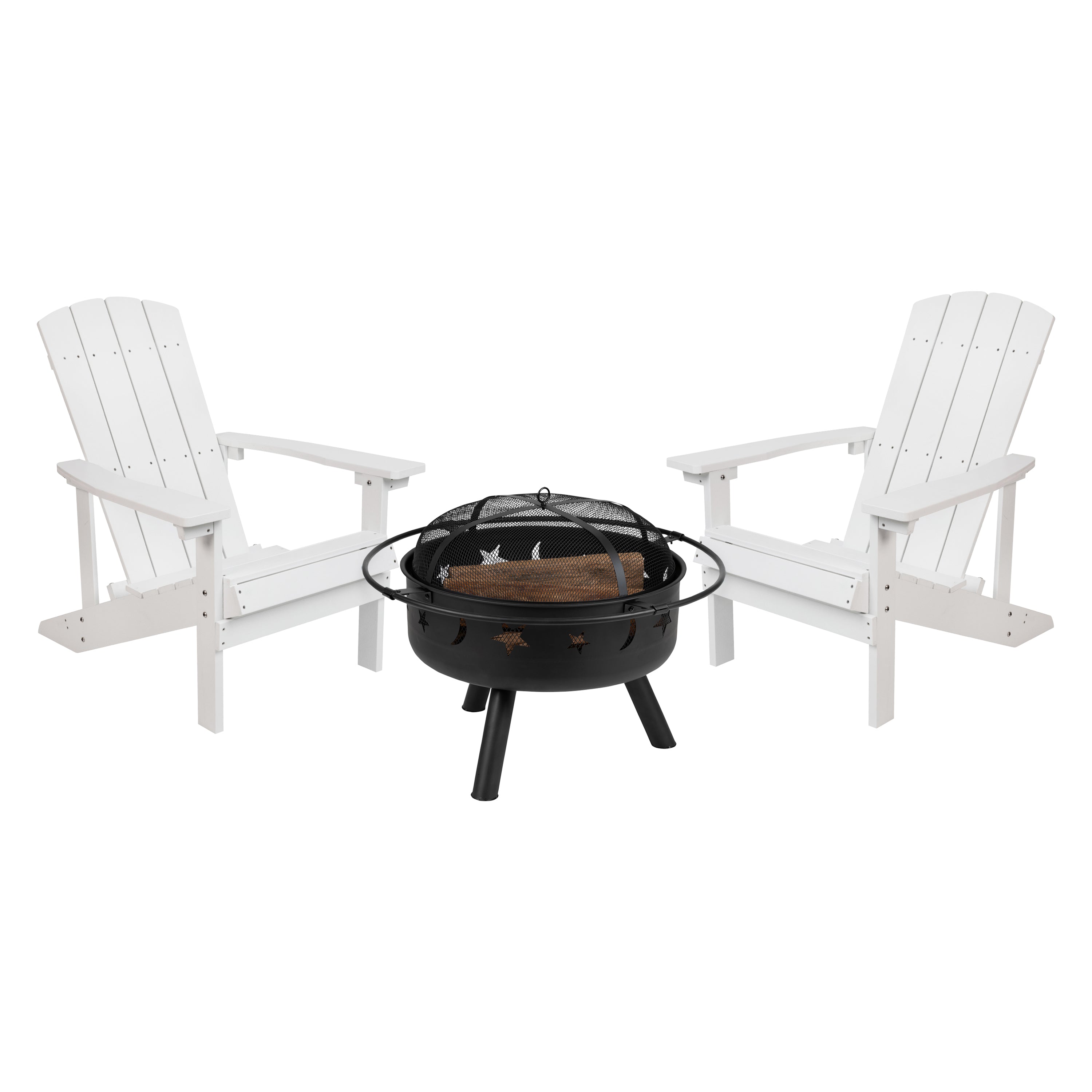 3 Piece Charlestown Commercial White Poly Resin Wood Adirondack Chair Set with Fire Pit - Star and Moon Fire Pit with Mesh Cover