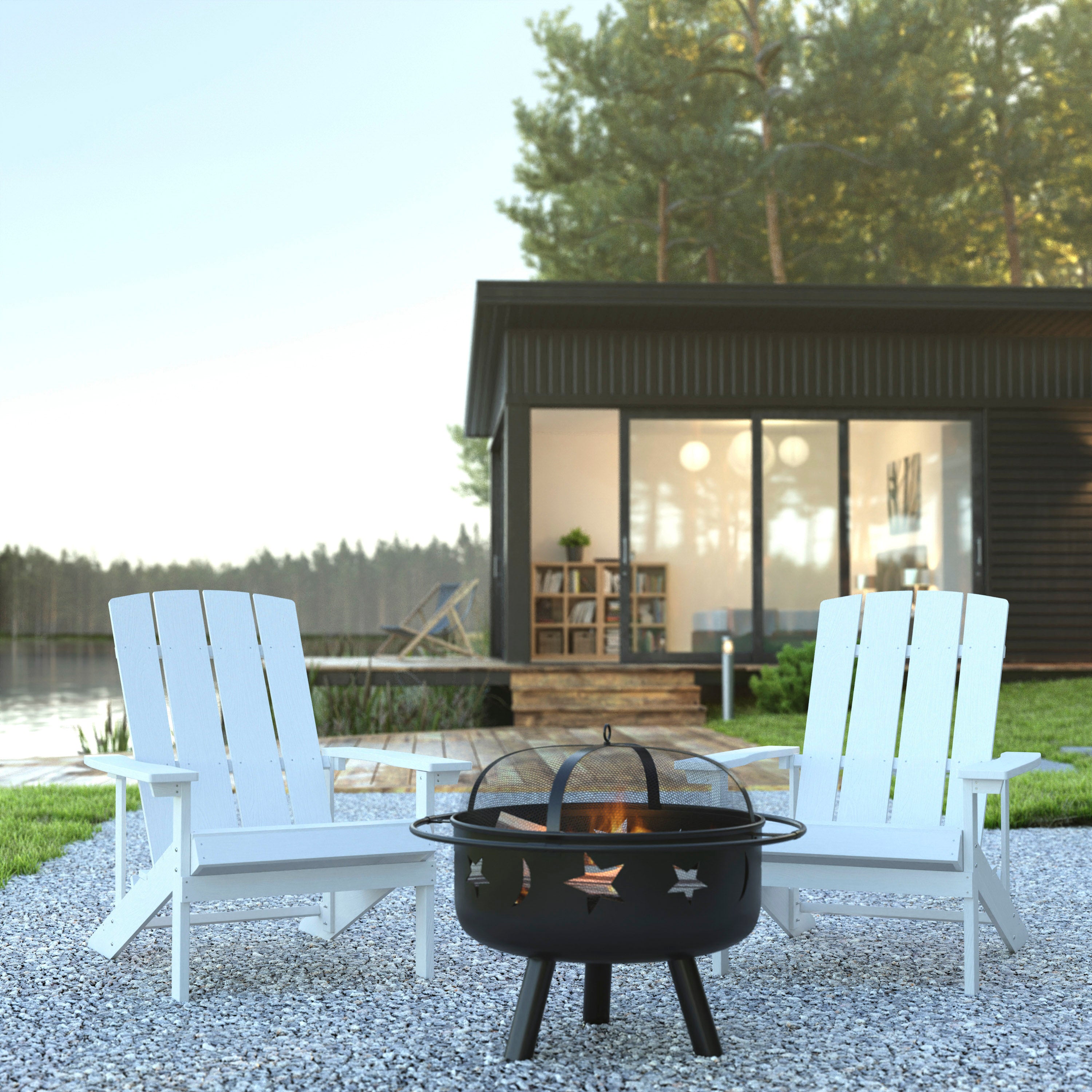 3 Piece Charlestown Commercial White Poly Resin Wood Adirondack Chair Set with Fire Pit - Star and Moon Fire Pit with Mesh Cover
