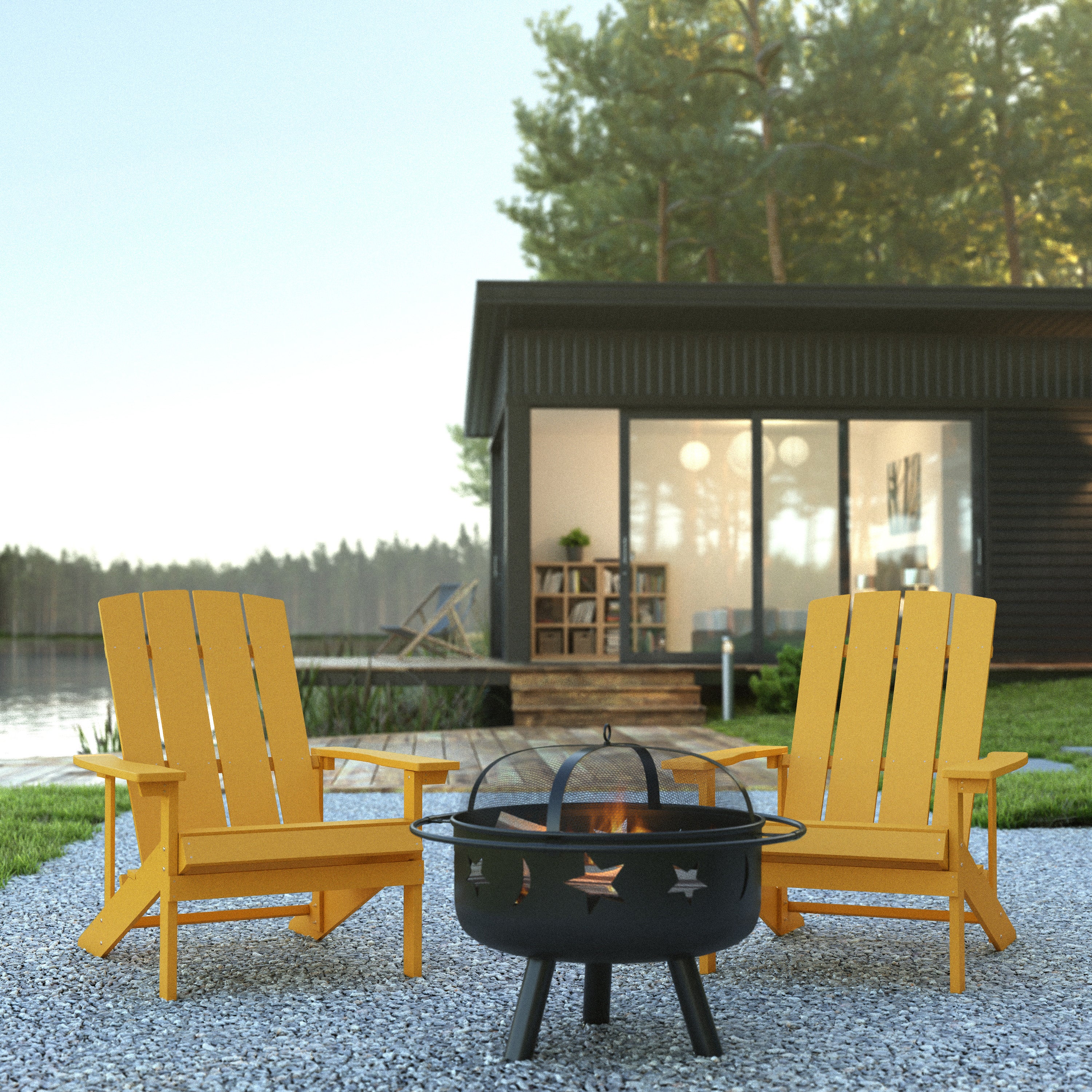 3 Piece Charlestown Commercial Yellow Commercial Poly Resin Wood Adirondack Chair Set with Fire Pit - Star and Moon Fire Pit with Mesh Cover
