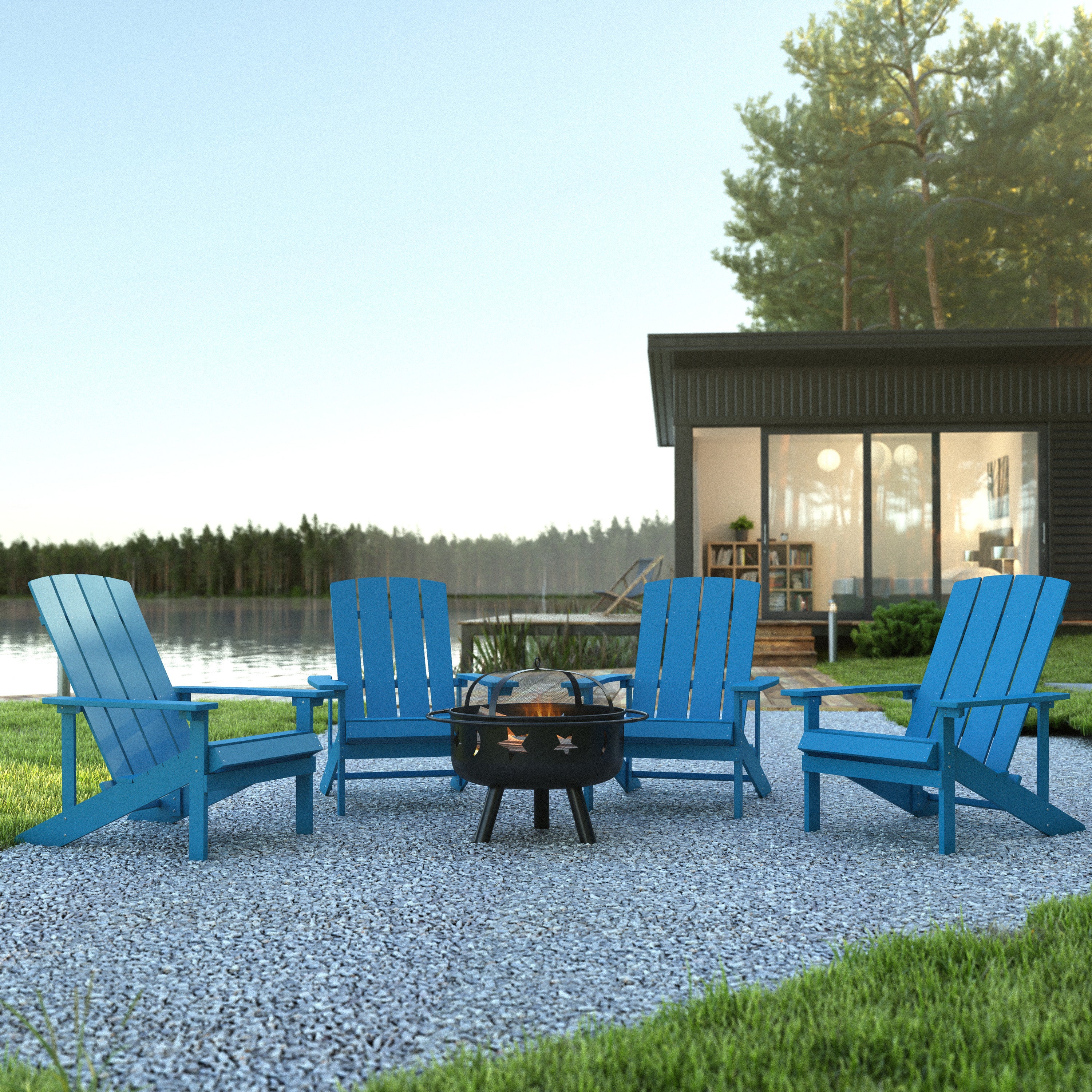 5 Piece Charlestown Blue Commercial Poly Resin Wood Adirondack Chair Set with Fire Pit - Star and Moon Fire Pit with Mesh Cover