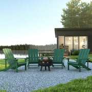 5 Piece Charlestown Green Commercial Poly Resin Wood Adirondack Chair Set with Fire Pit - Star and Moon Fire Pit with Mesh Cover