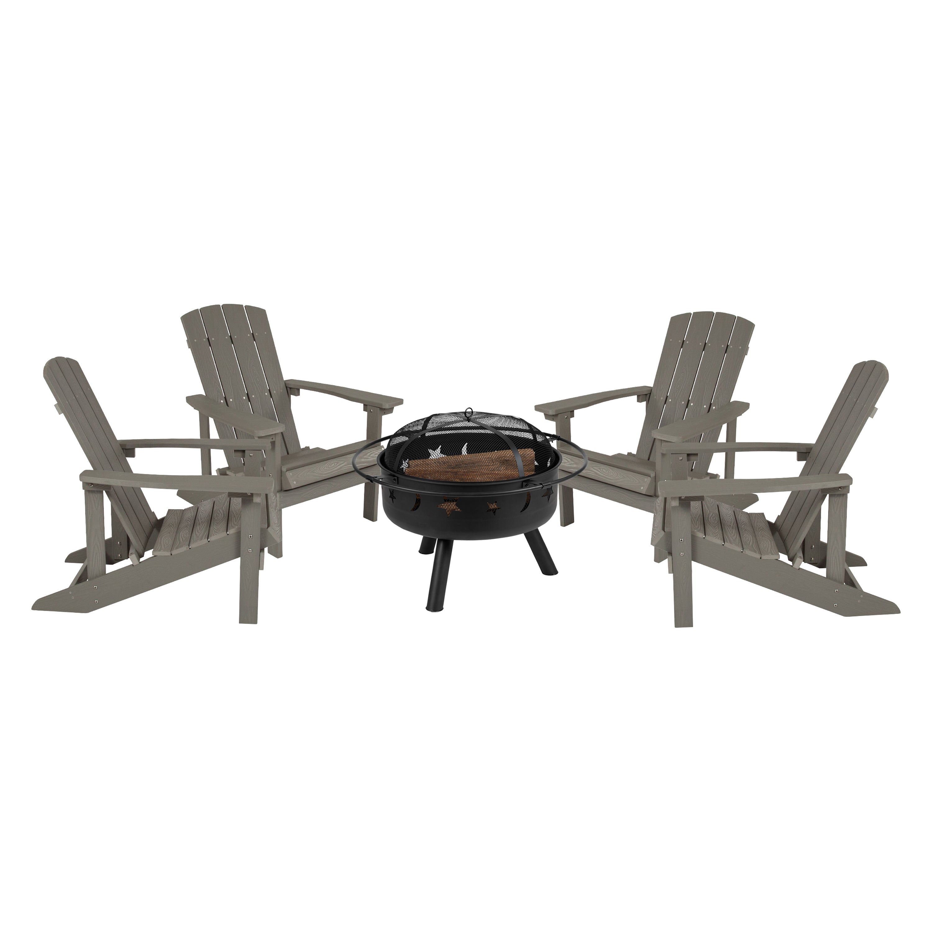 5 Piece Charlestown Commercial Gray Poly Resin Wood Adirondack Chair Set with Fire Pit - Star and Moon Fire Pit with Mesh Cover