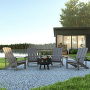 5 Piece Charlestown Commercial Gray Poly Resin Wood Adirondack Chair Set with Fire Pit - Star and Moon Fire Pit with Mesh Cover