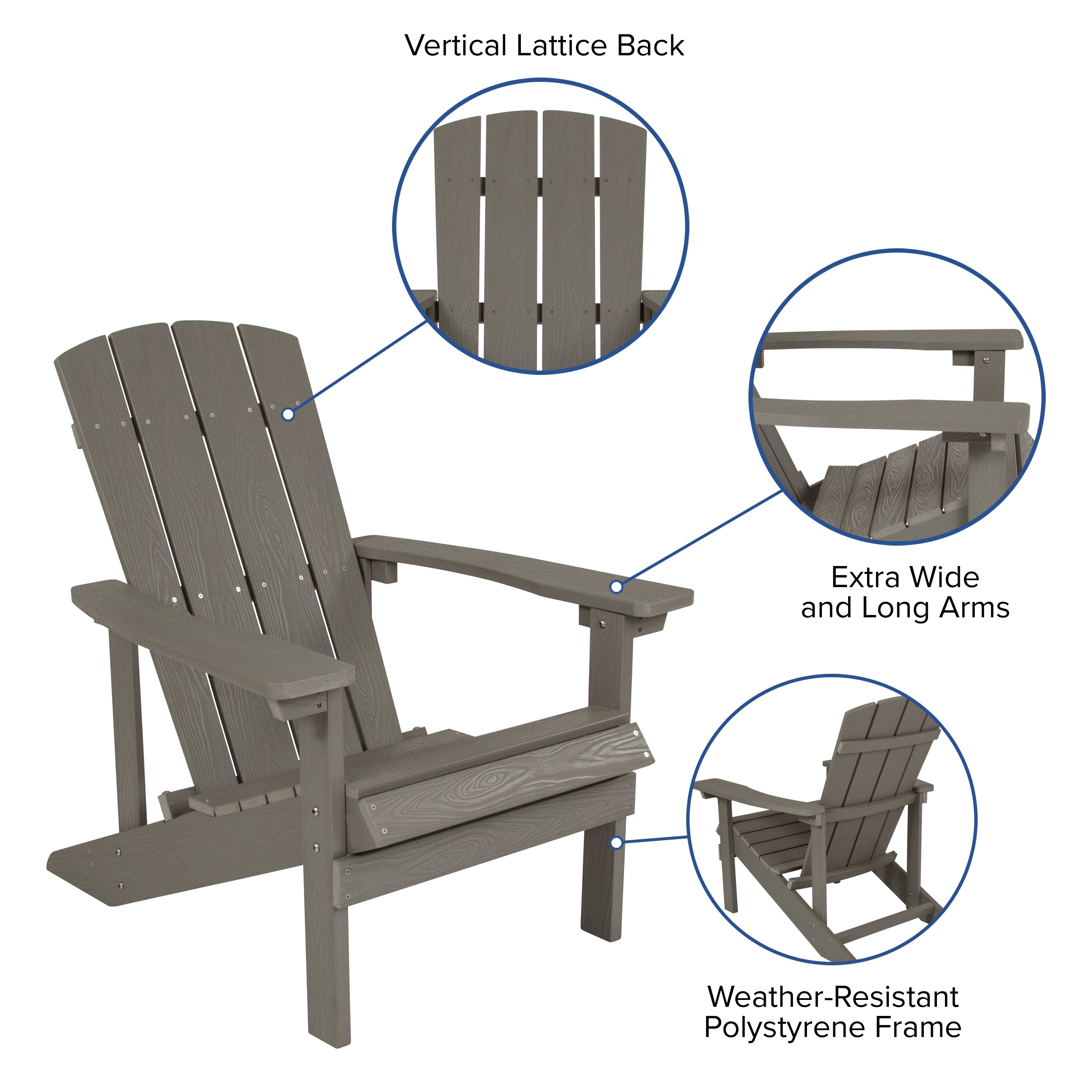 5 Piece Charlestown Commercial Gray Poly Resin Wood Adirondack Chair Set with Fire Pit - Star and Moon Fire Pit with Mesh Cover