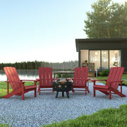 5 Piece Charlestown Red Commercial Poly Resin Wood Adirondack Chair Set with Fire Pit - Star and Moon Fire Pit with Mesh Cover