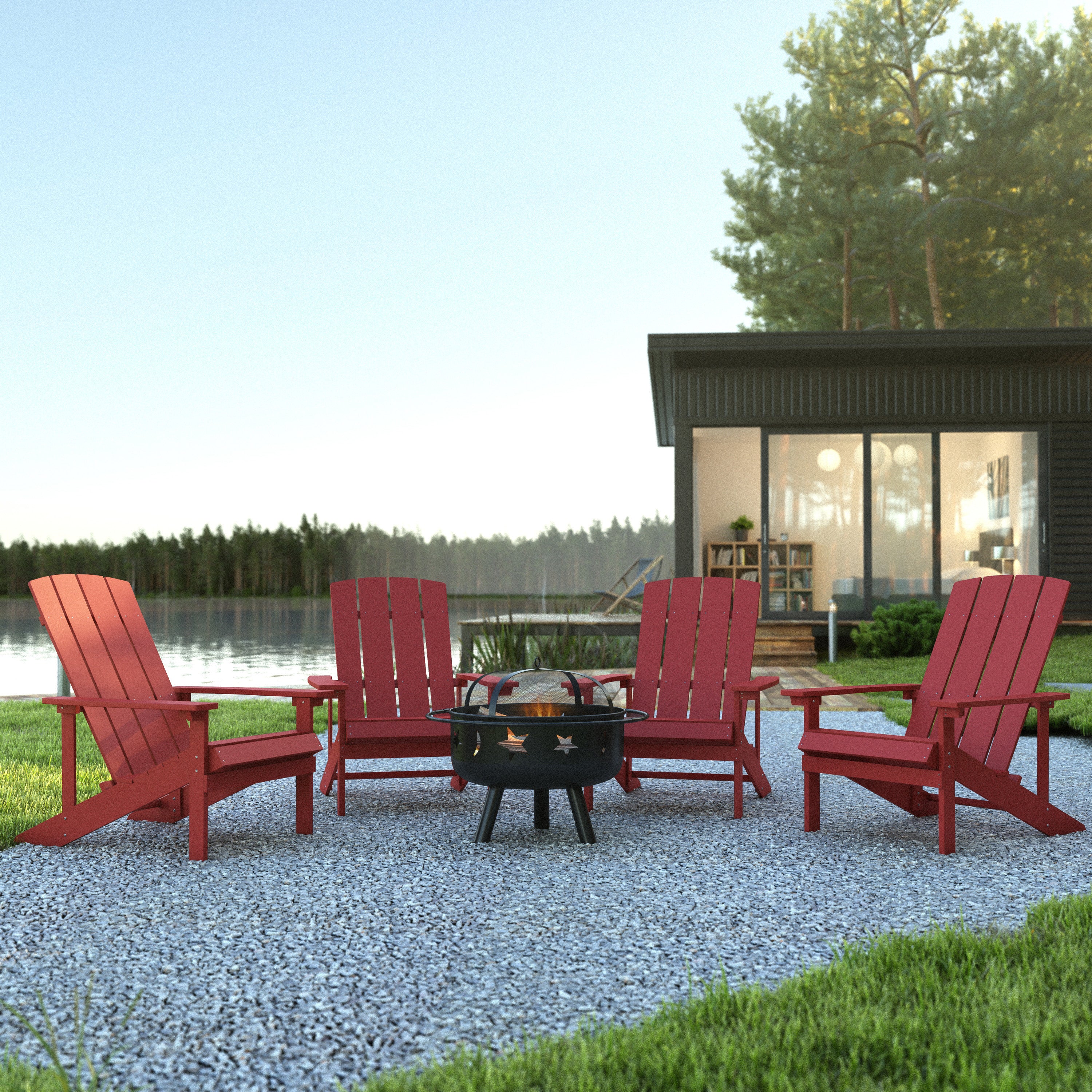 5 Piece Charlestown Red Commercial Poly Resin Wood Adirondack Chair Set with Fire Pit - Star and Moon Fire Pit with Mesh Cover