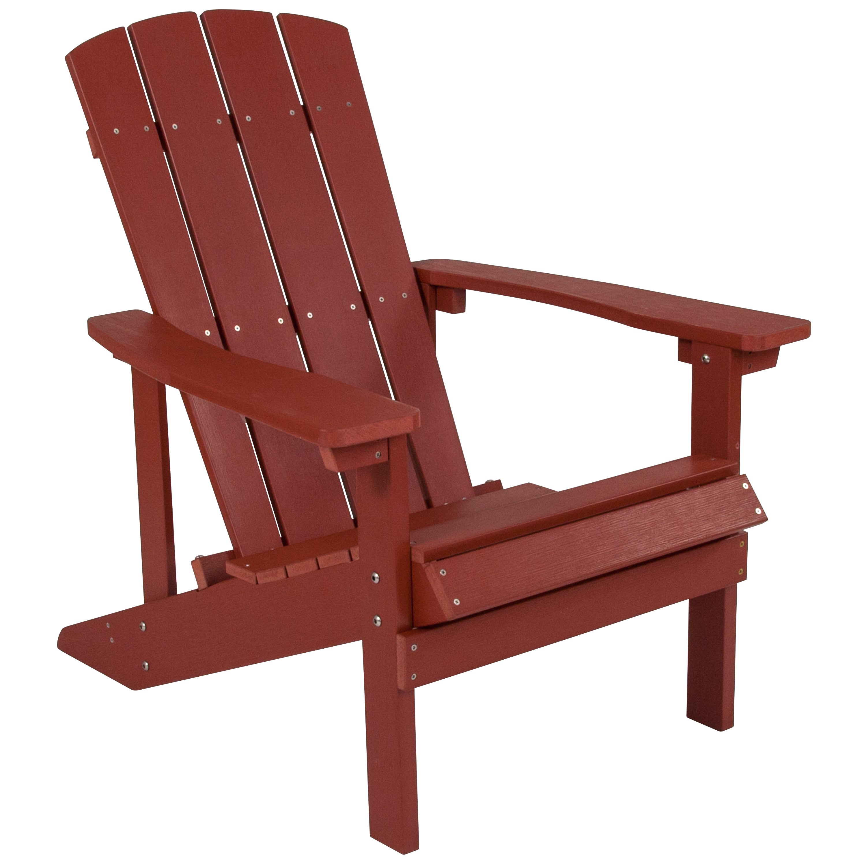 5 Piece Charlestown Red Commercial Poly Resin Wood Adirondack Chair Set with Fire Pit - Star and Moon Fire Pit with Mesh Cover