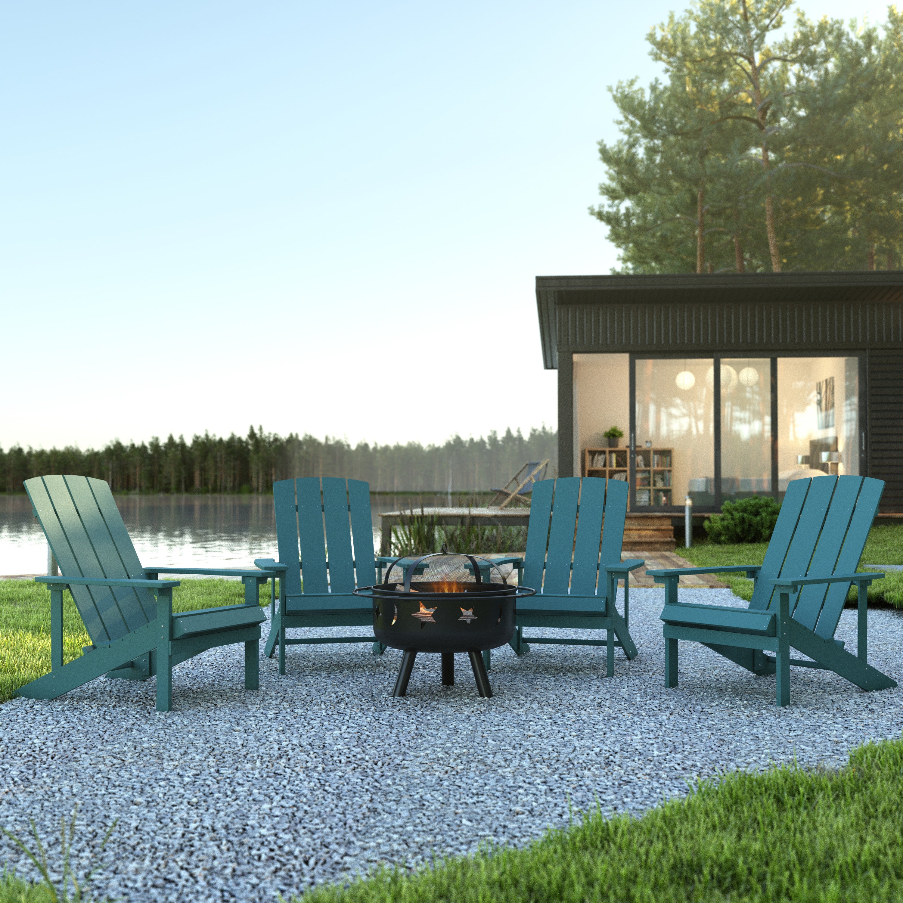 5 Piece Charlestown Commercial Sea Foam Poly Resin Wood Adirondack Chair Set with Fire Pit - Star and Moon Fire Pit with Mesh Cover