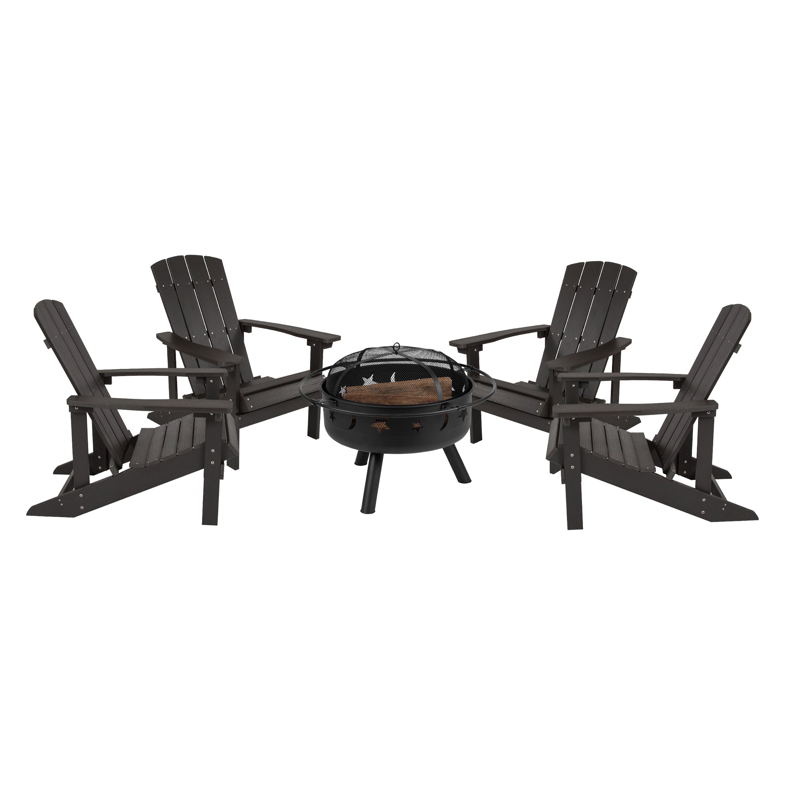 5 Piece Charlestown Commercial Slate Gray Commercial Poly Resin Wood Adirondack Chair Set with Fire Pit - Star and Moon Fire Pit with Mesh Cover