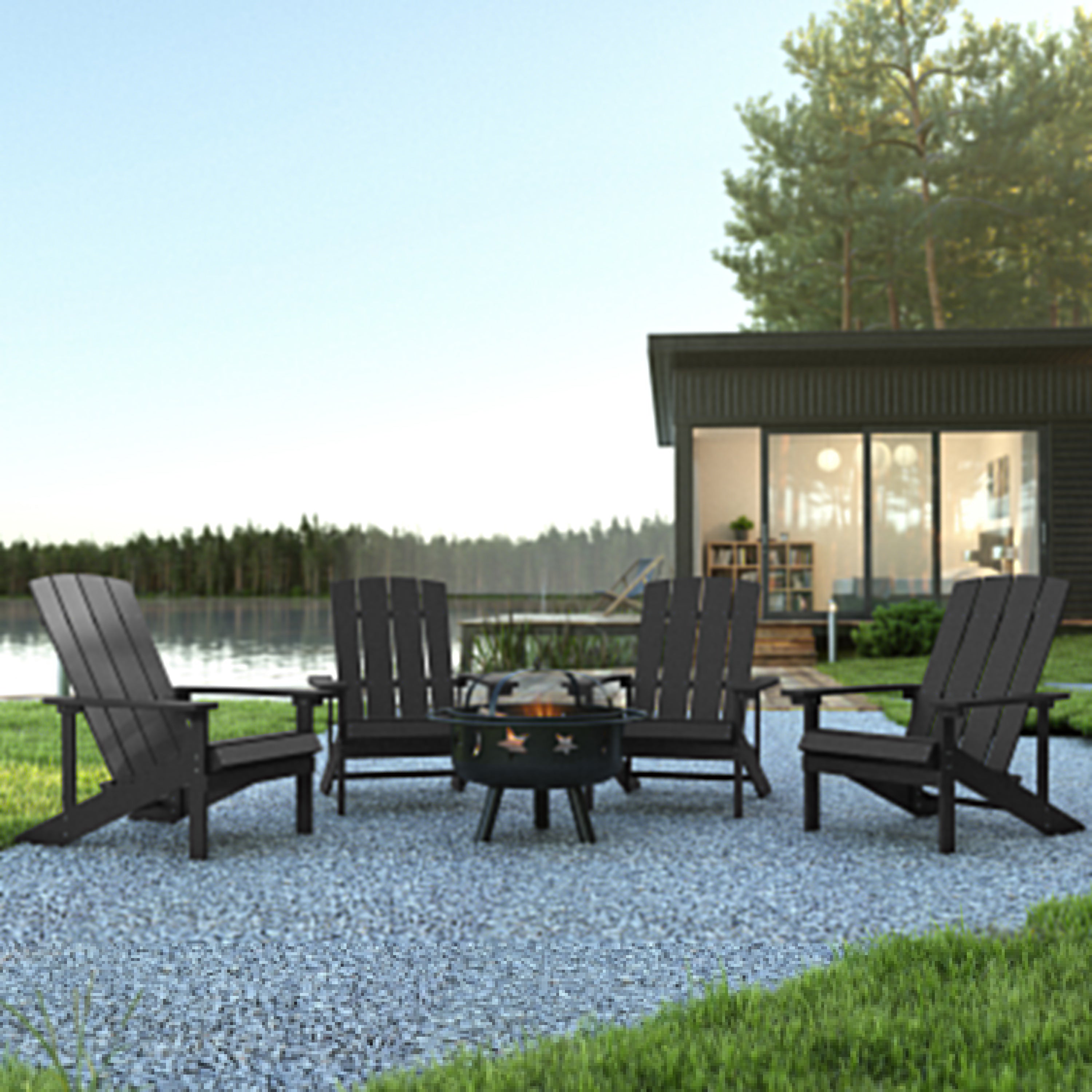 5 Piece Charlestown Commercial Slate Gray Commercial Poly Resin Wood Adirondack Chair Set with Fire Pit - Star and Moon Fire Pit with Mesh Cover