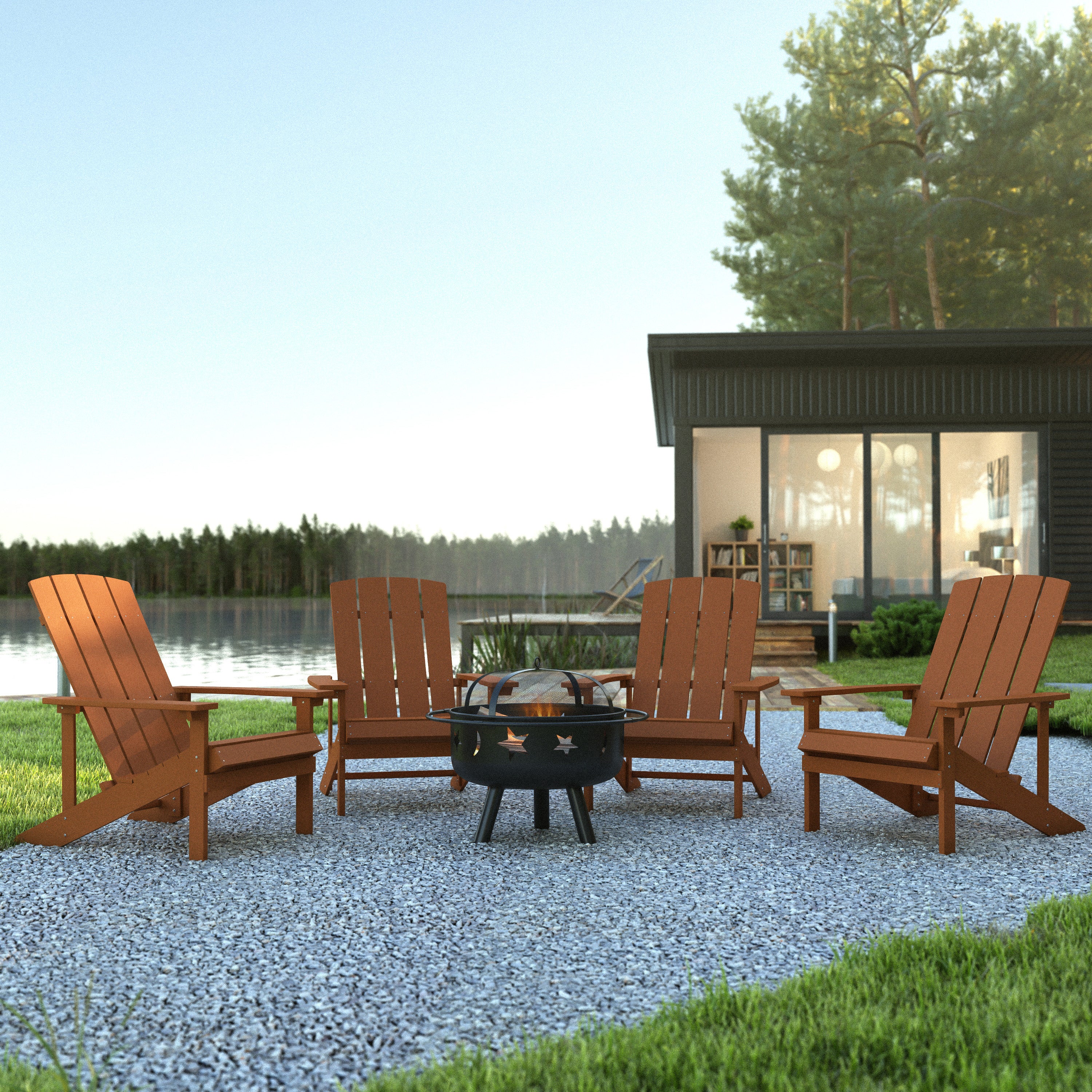5 Piece Charlestown Teak Commercial Poly Resin Wood Adirondack Chair Set with Fire Pit - Star and Moon Fire Pit with Mesh Cover