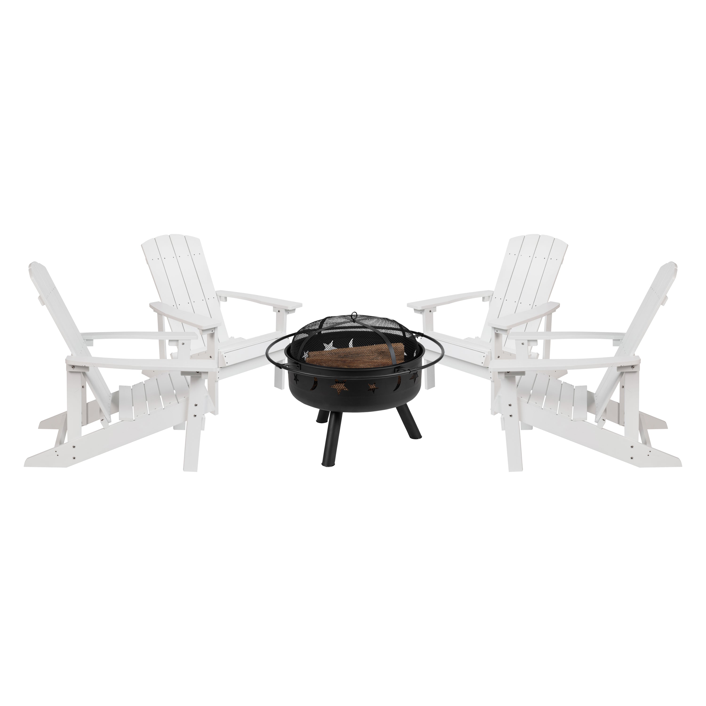5 Piece Charlestown Commercial White Poly Resin Wood Adirondack Chair Set with Fire Pit - Star and Moon Fire Pit with Mesh Cover