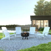 5 Piece Charlestown Commercial White Poly Resin Wood Adirondack Chair Set with Fire Pit - Star and Moon Fire Pit with Mesh Cover