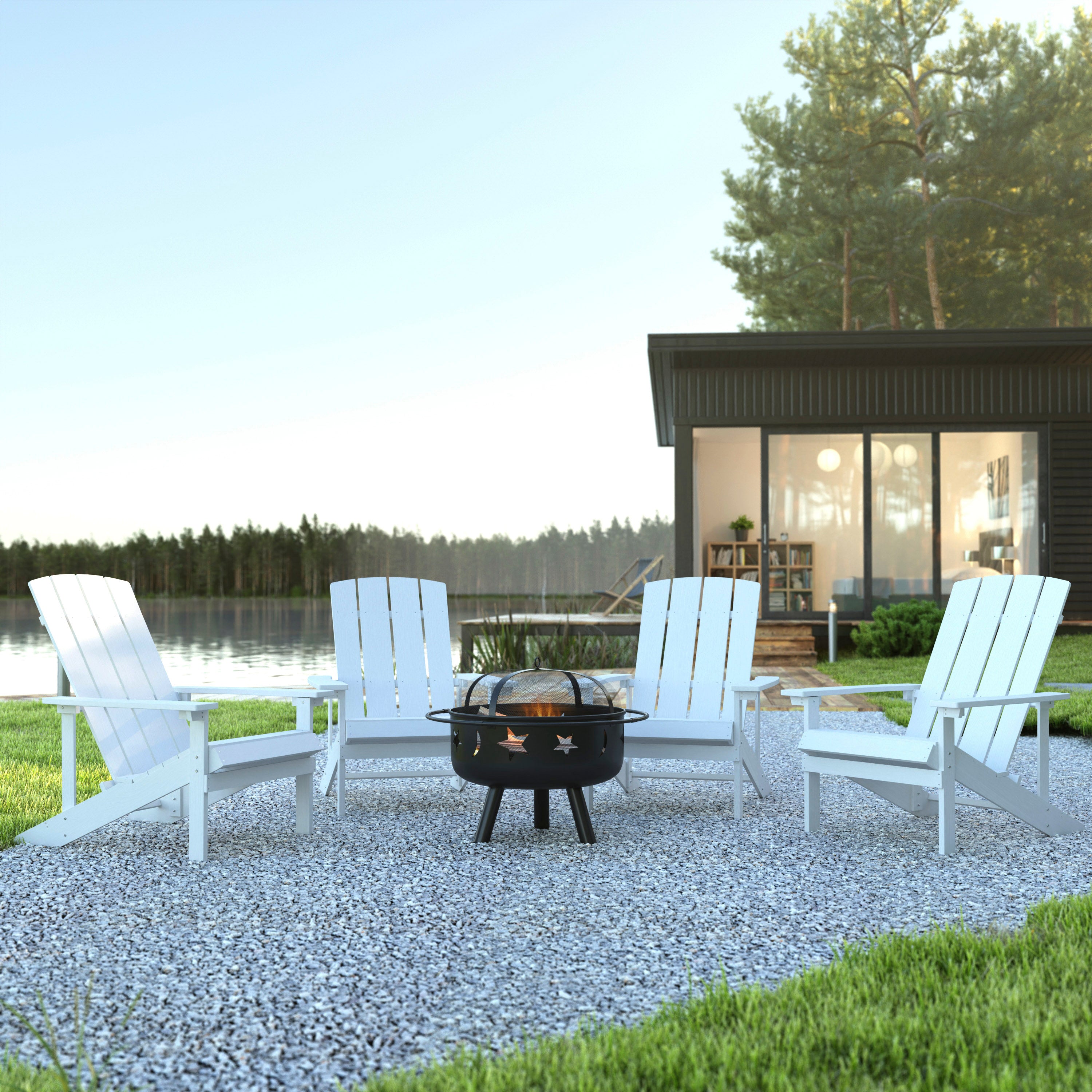 5 Piece Charlestown Commercial White Poly Resin Wood Adirondack Chair Set with Fire Pit - Star and Moon Fire Pit with Mesh Cover